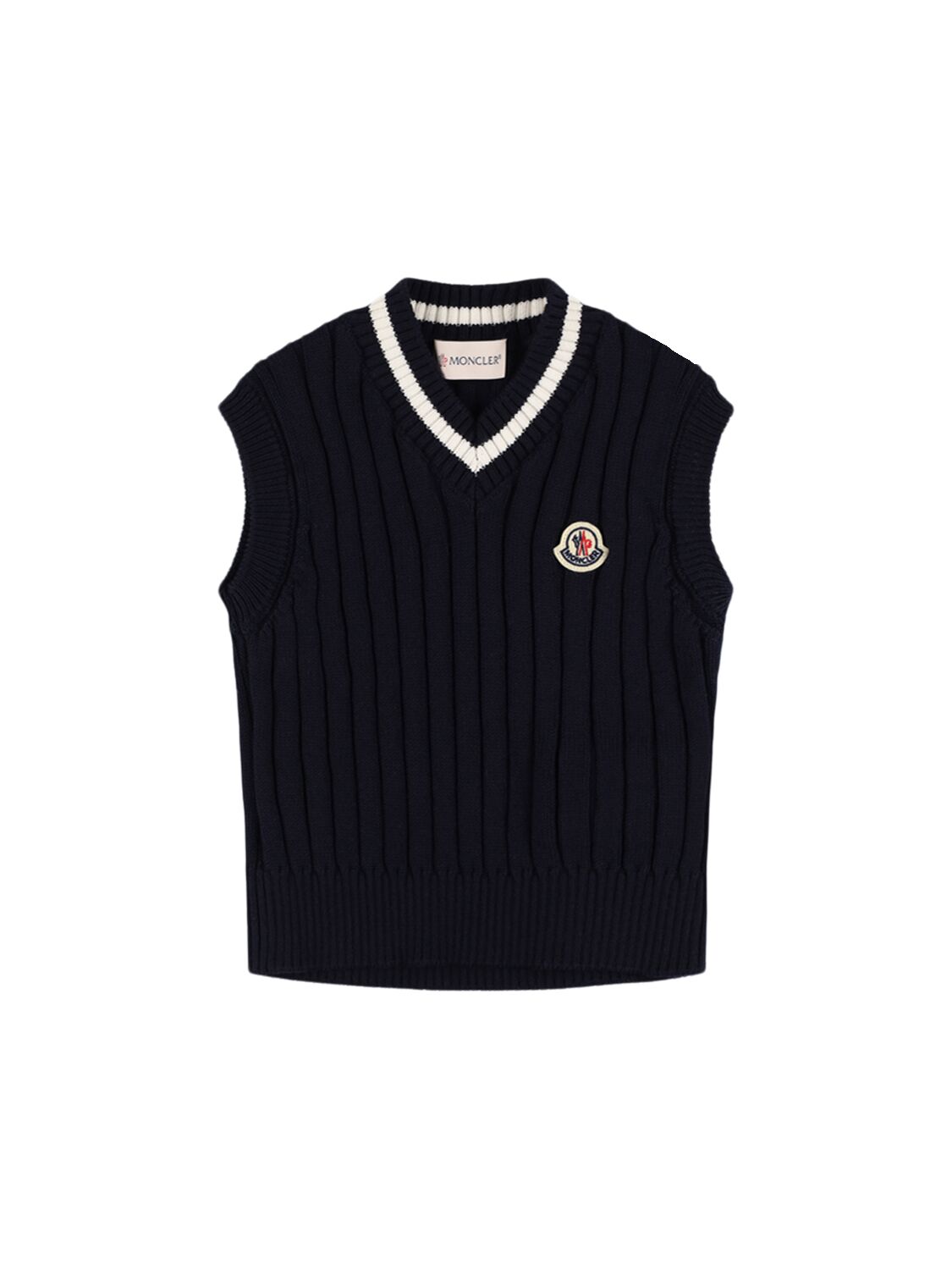 Moncler Logo Cotton Knit V-neck Vest In Navy