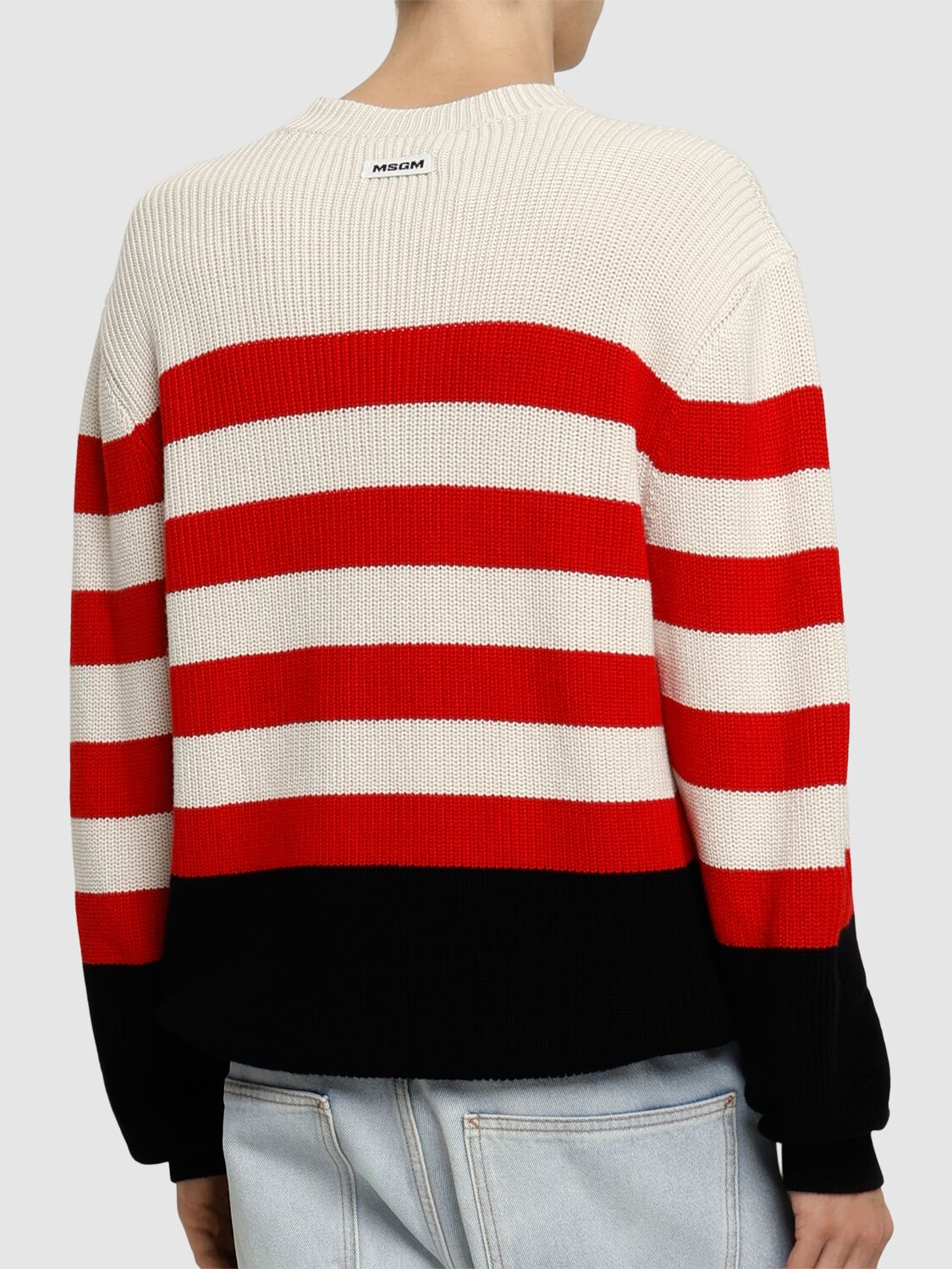 Msgm Multicolored Cotton Crewneck Striped Pullover In Off-white