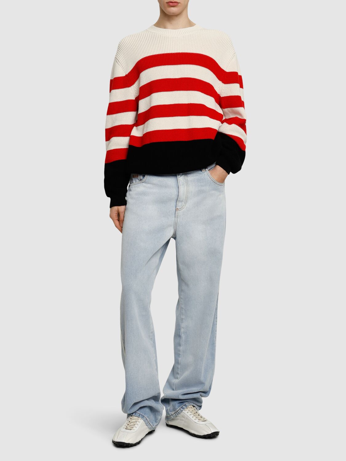 Msgm Multicolored Cotton Crewneck Striped Pullover In Off-white