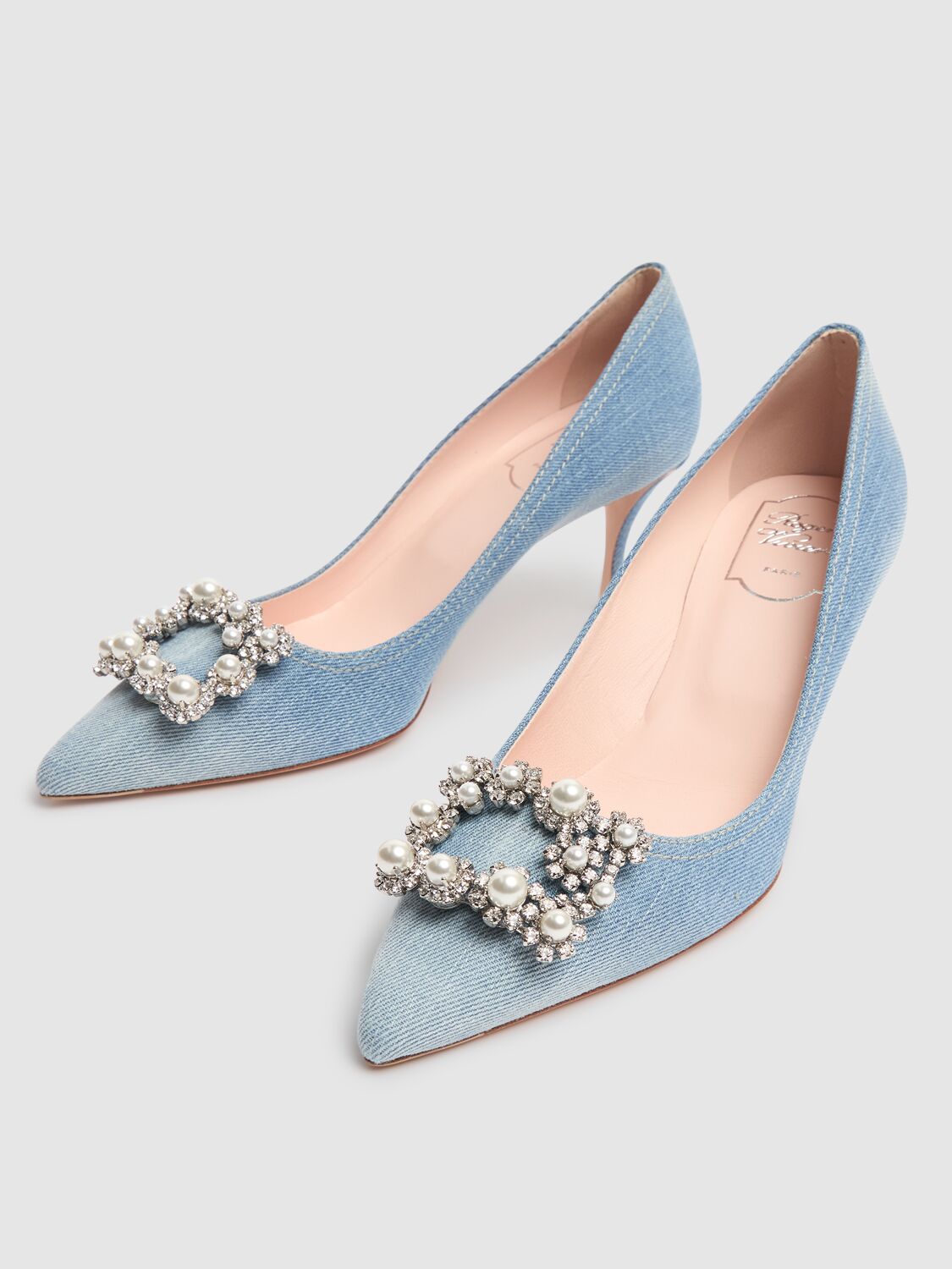 Roger Vivier 65mm Flower Crystal & Denim Pumps In Denim