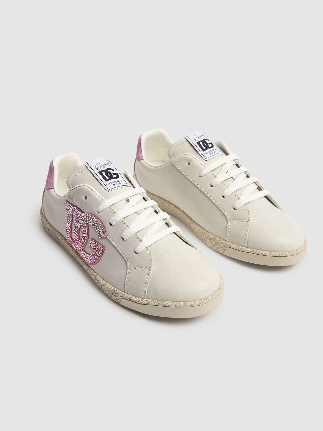Dolce & Gabbana Leather Lace-up Sneakers W/logo In White/pink