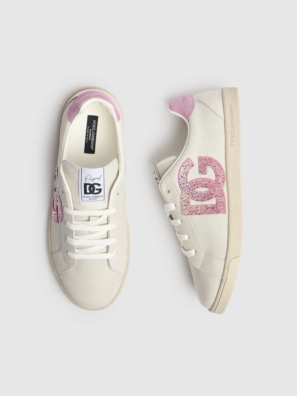 Dolce & Gabbana Leather Lace-up Sneakers W/logo In White/pink