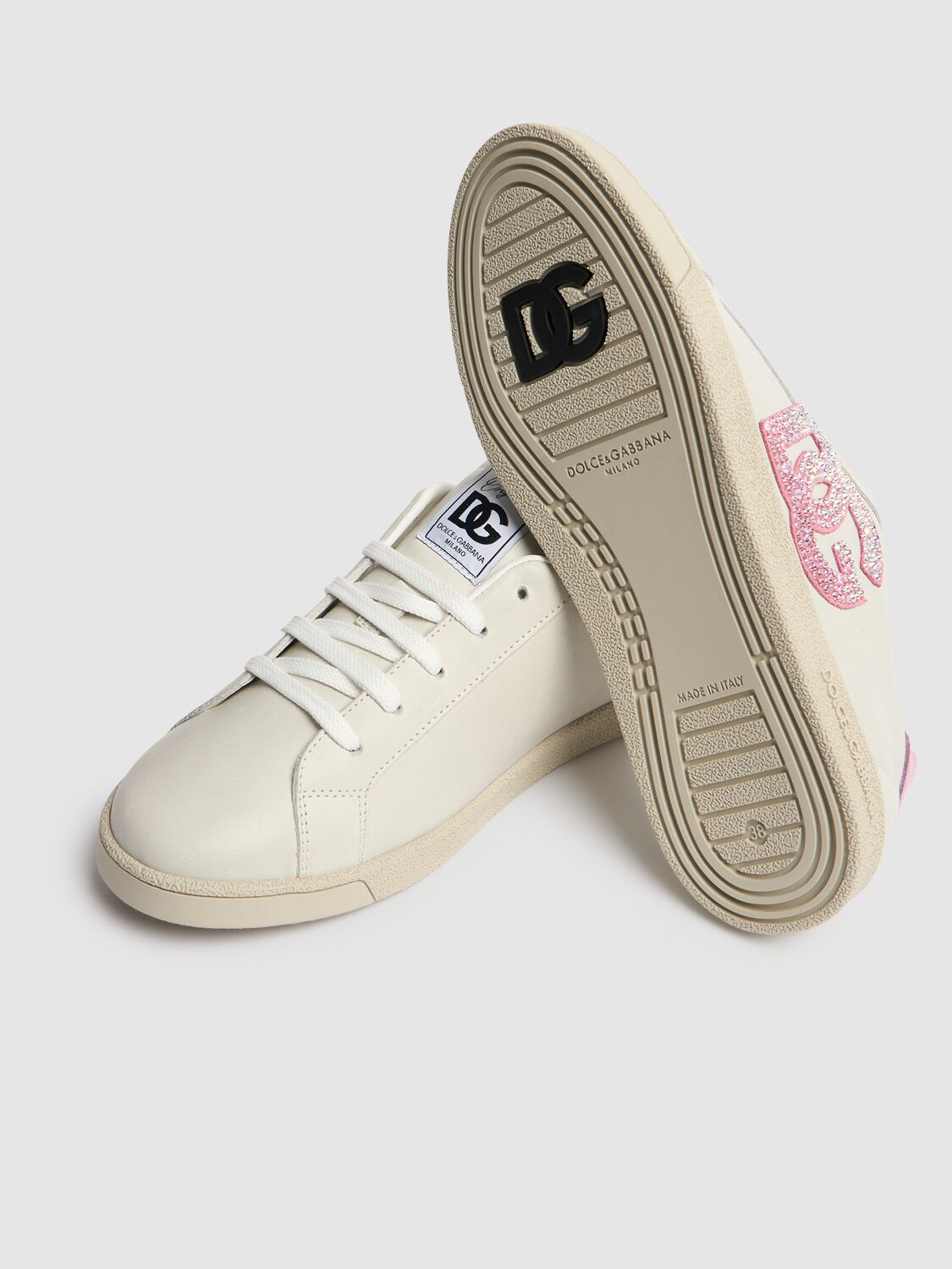 Dolce & Gabbana Leather Lace-up Sneakers W/logo In White/pink