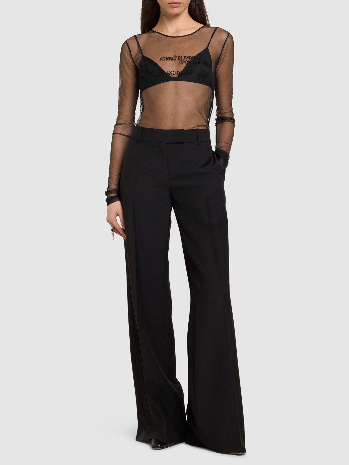 Ann Demeulemeester Sheer Fabric Text Print Long Sleeve Top In Black