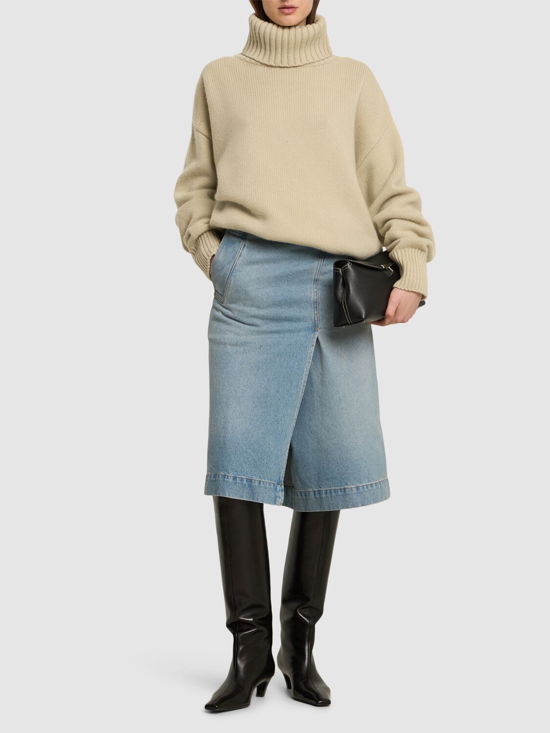 VICTORIA BECKHAM DENIM TWILL WRAP DETAIL MIDI SKIRT 