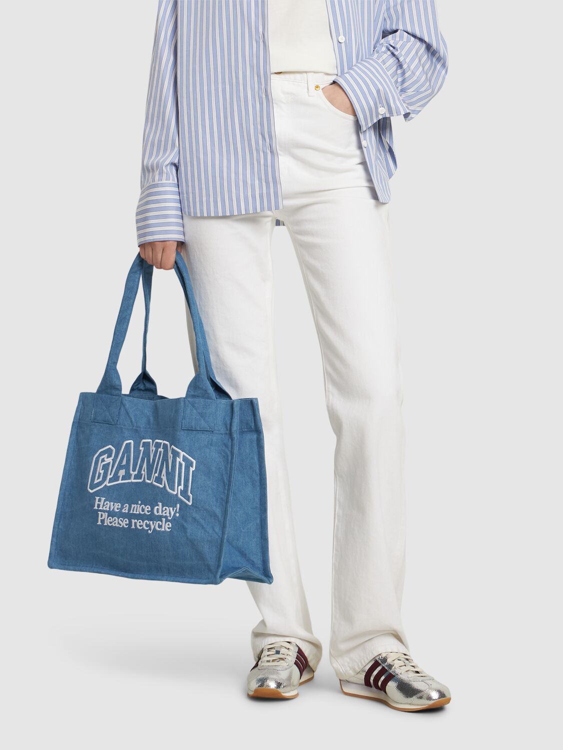 Ganni Logo-embroidered Denim Shoulder Bag In Denim