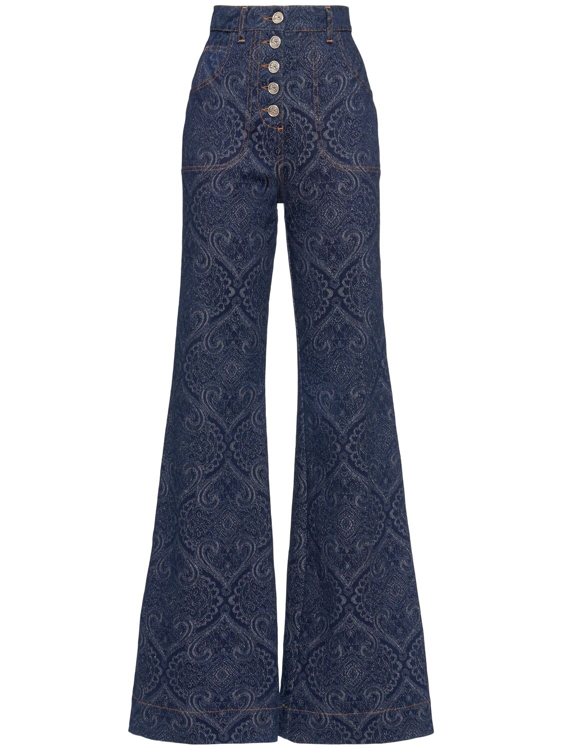 Etro Flared Jacquard Denim Jeans With Pegaso Buttons