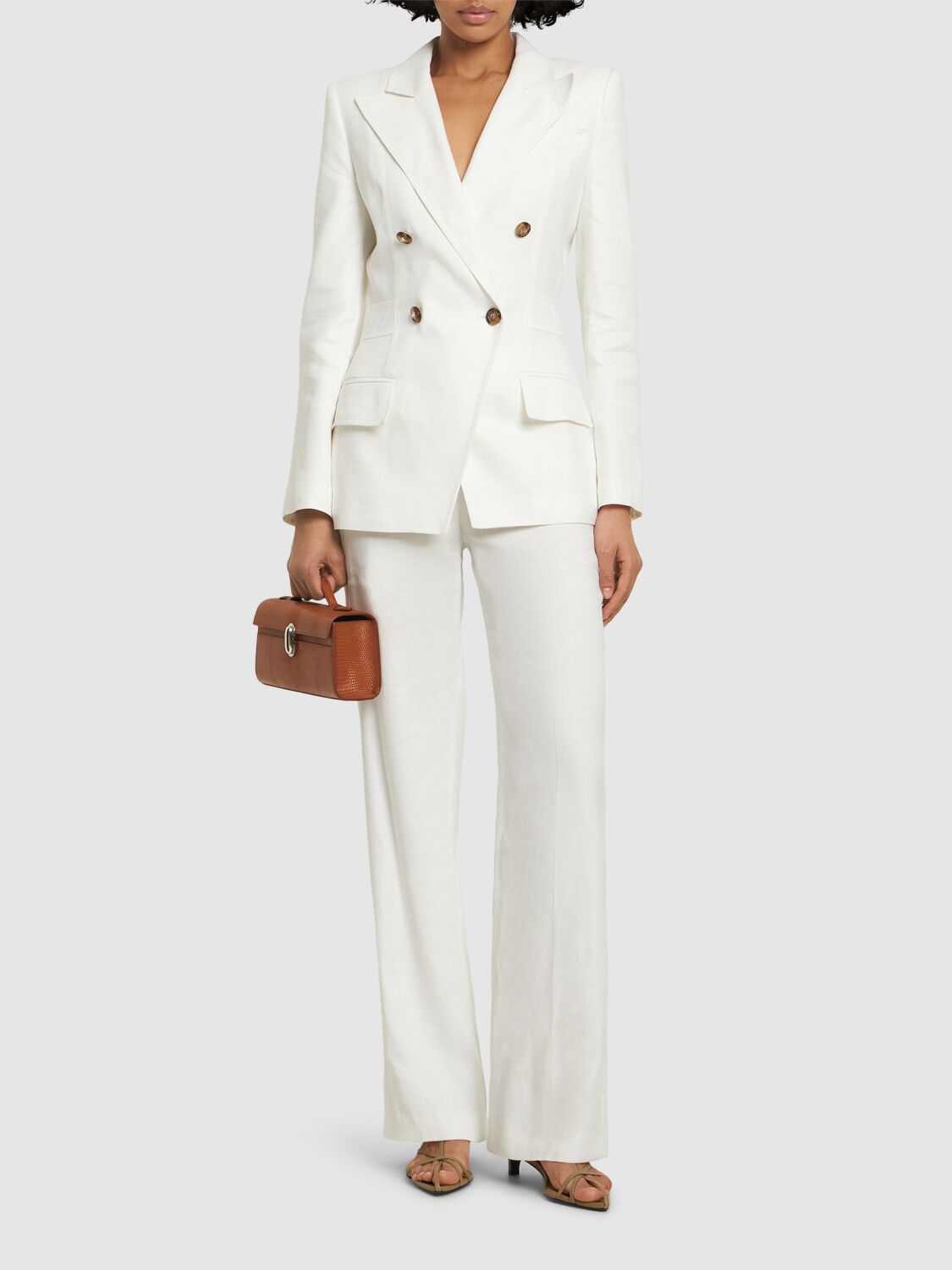Alberta Ferretti Linen Blend Double Breast Blazer In 象牙色