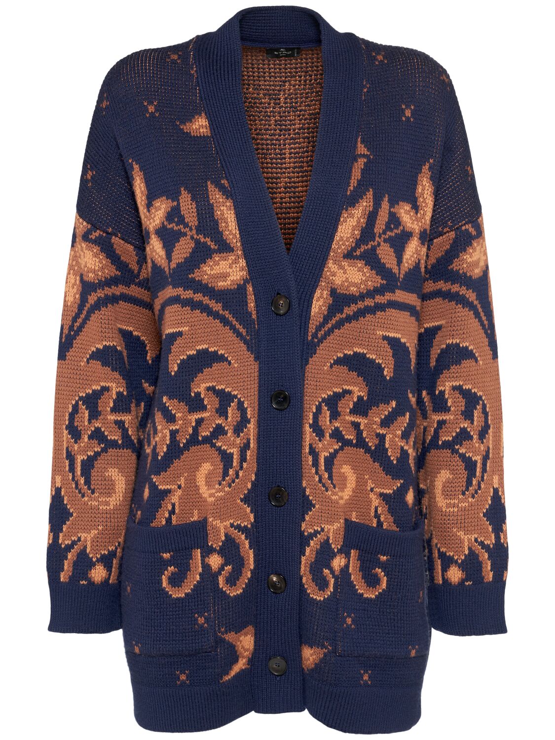 Etro Wool Jacquard V-neck Cardigan With Front Pockets