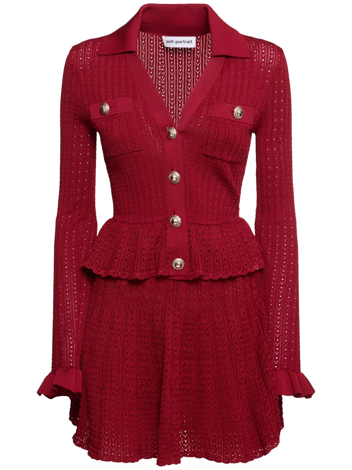 Self-portrait Self Portrait Women Burgundy Pointelle Knit Long-sleeved Mini Dress In Red
