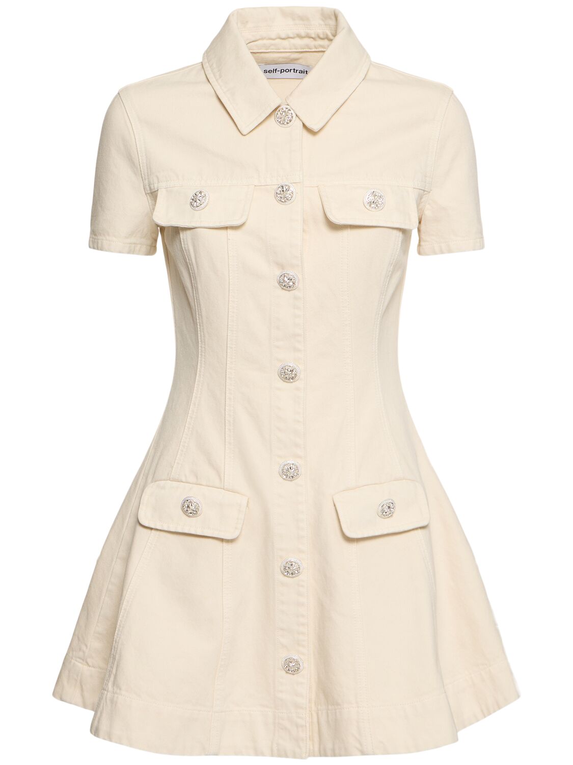 Self-portrait Structured Beige Dress With Classic Collar And Flap Pockets In Neutral