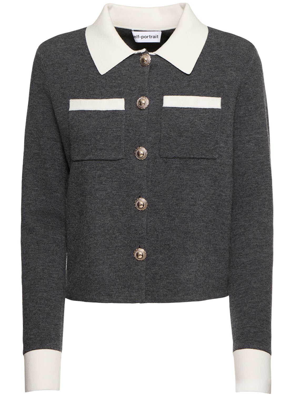 Self-portrait Self Portrait Women Wool Blend Cardigan With Contrasting Collar In Gray