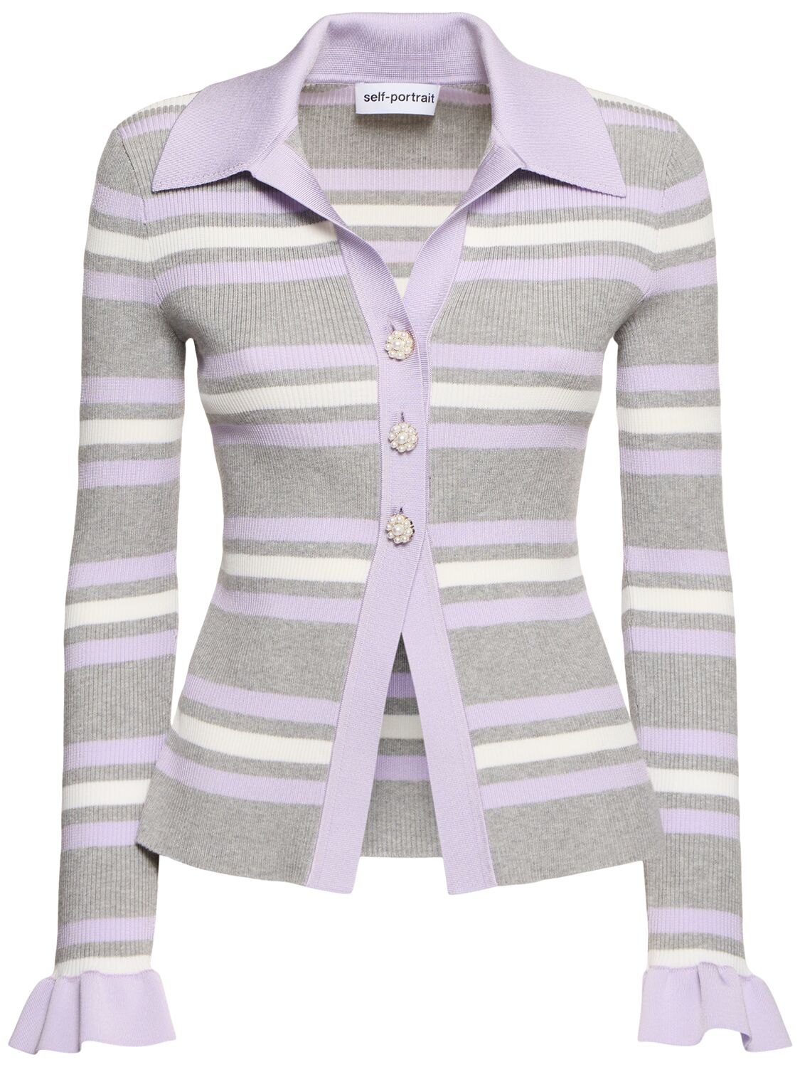 Self-portrait Self Portrait Women Grey Ribbed Knit Striped Cardigan