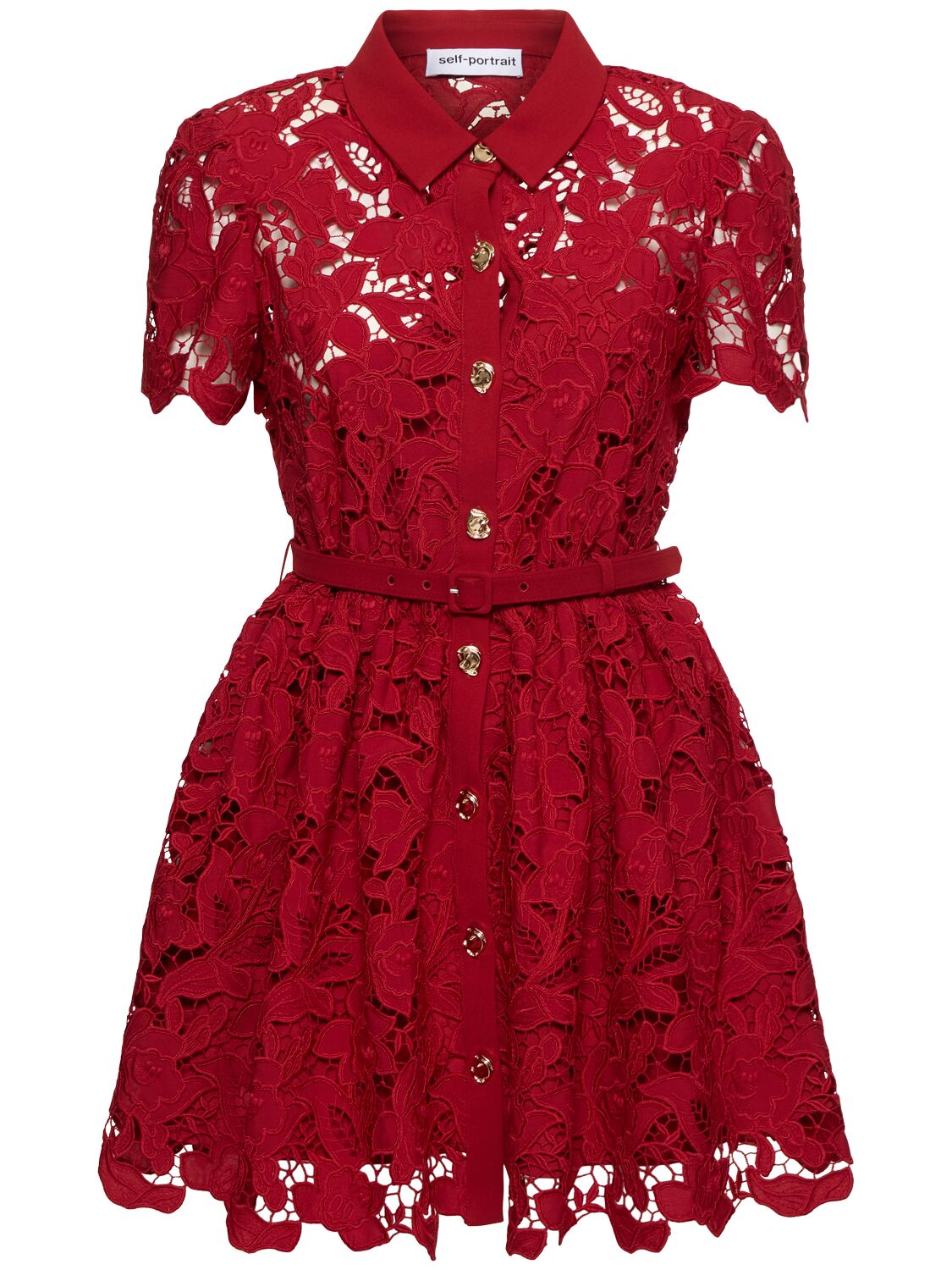 Self-portrait Womens Embroidered Collared Lace Mini Dress Burgundy In Red