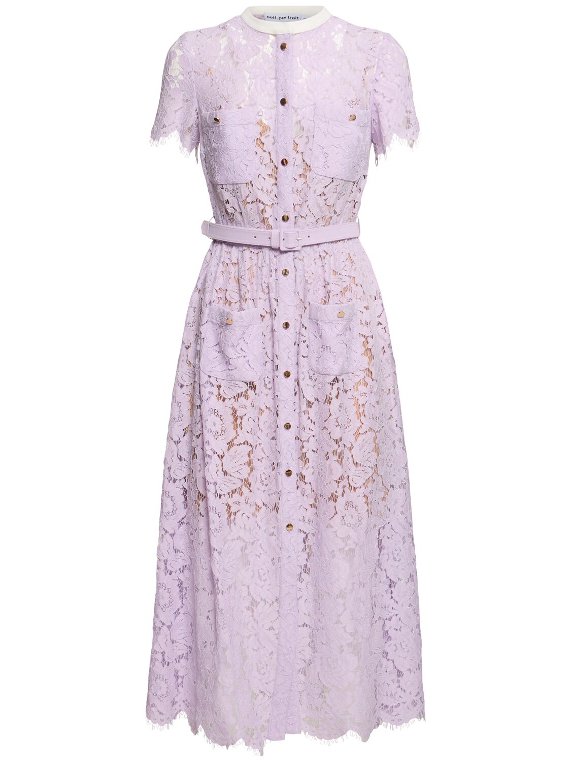 Self-portrait Lace Buttoned Cotton Blend Midi Dress In Purple