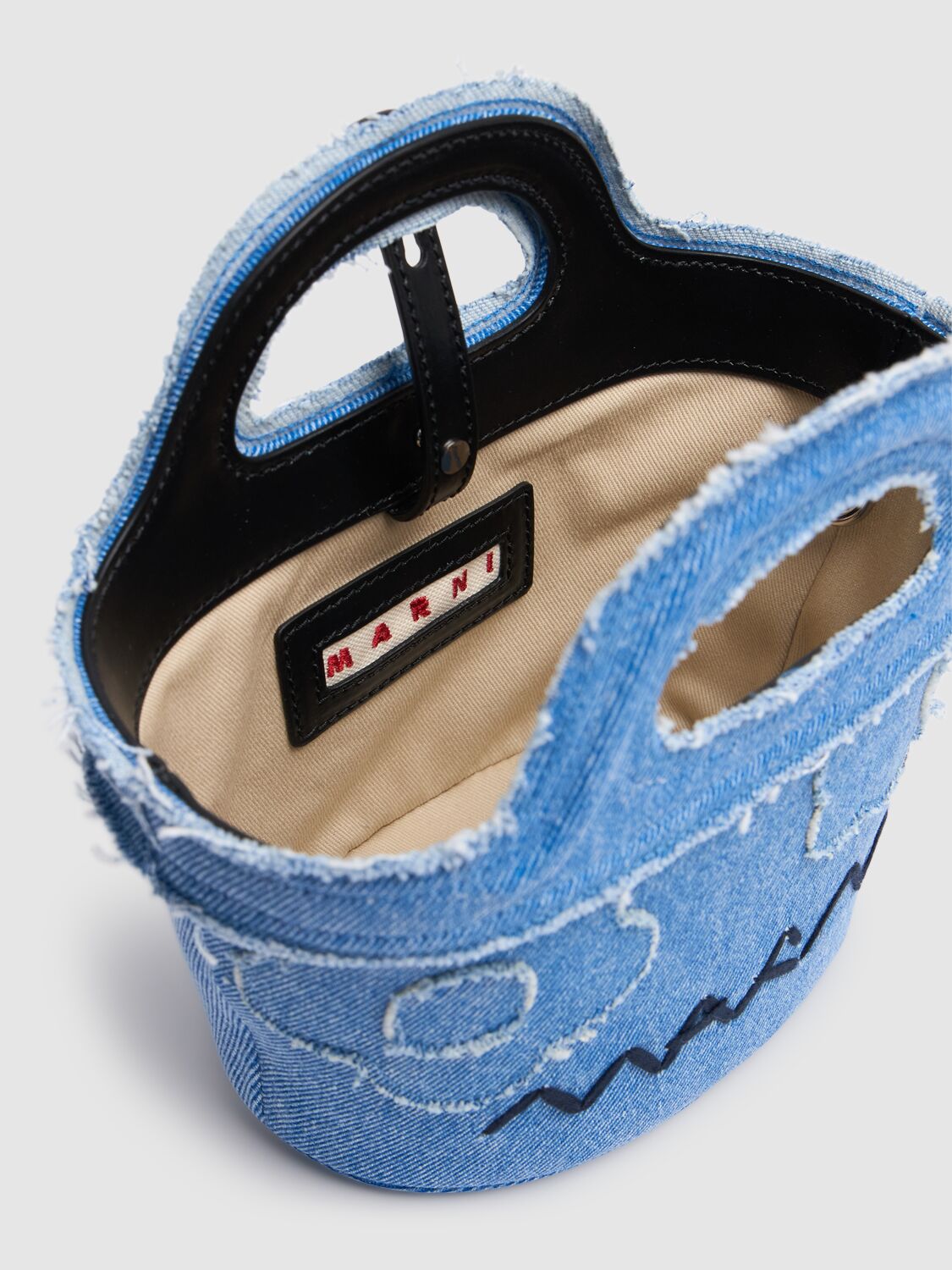 Marni Micro Tropicalia Logo Embroidered Denim Bucket Bag In Blue