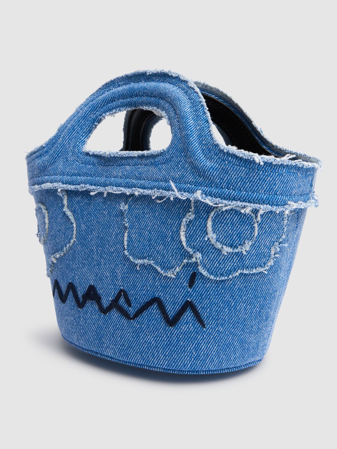 Marni Micro Tropicalia Logo Embroidered Denim Bucket Bag In Blue