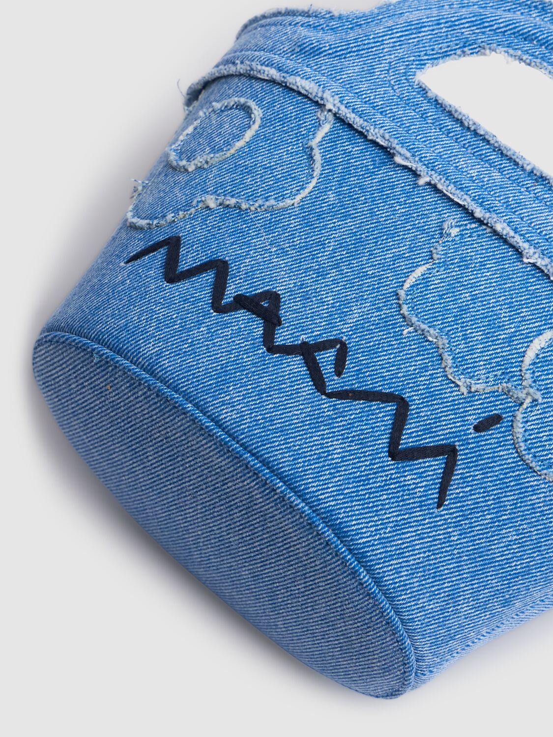 Marni Micro Tropicalia Logo Embroidered Denim Bucket Bag In Blue
