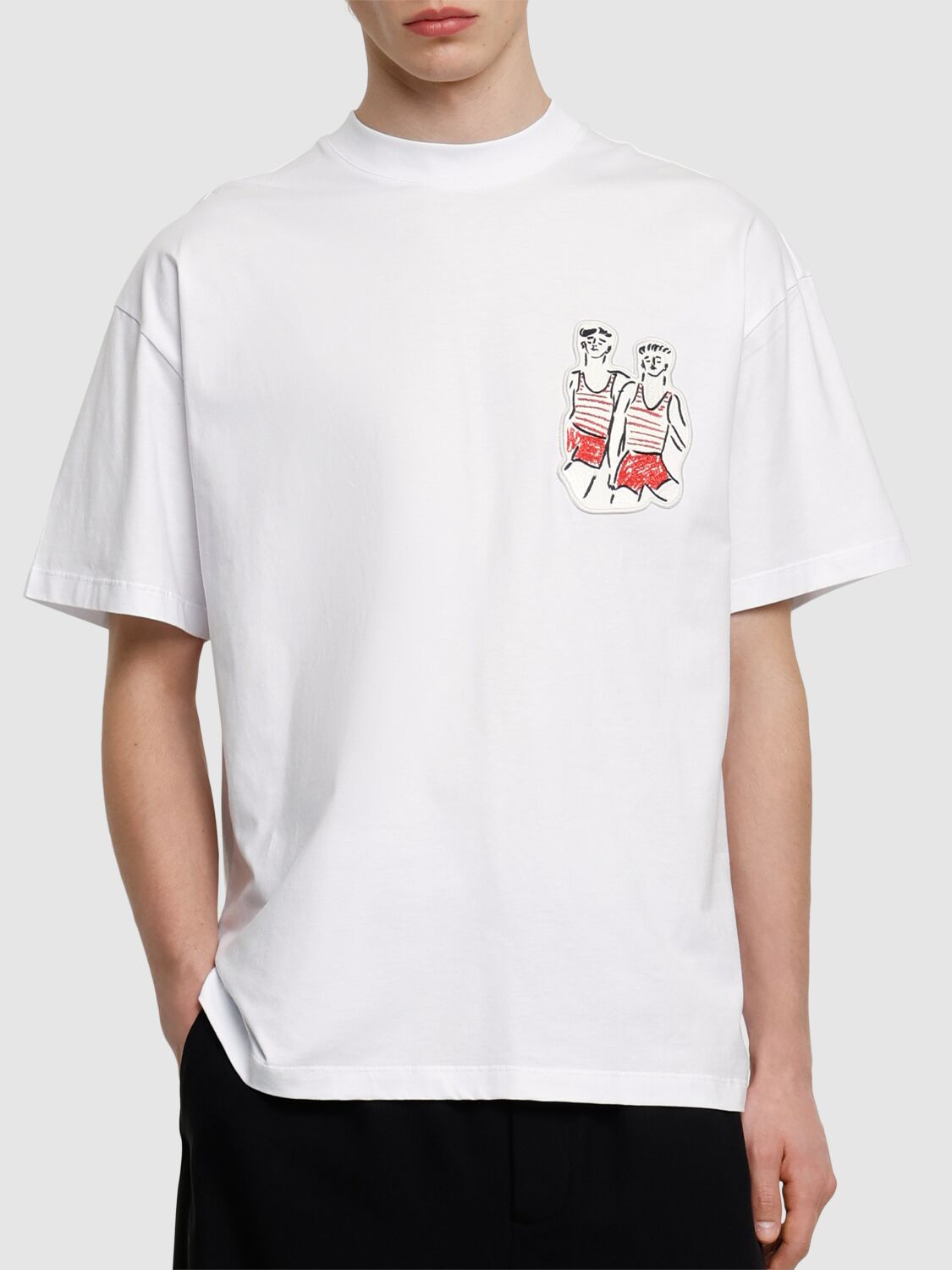 Msgm White Crewneck T-shirt With Patch On The Front And Logo Lettering On The Back In Cotton Man In Optic White