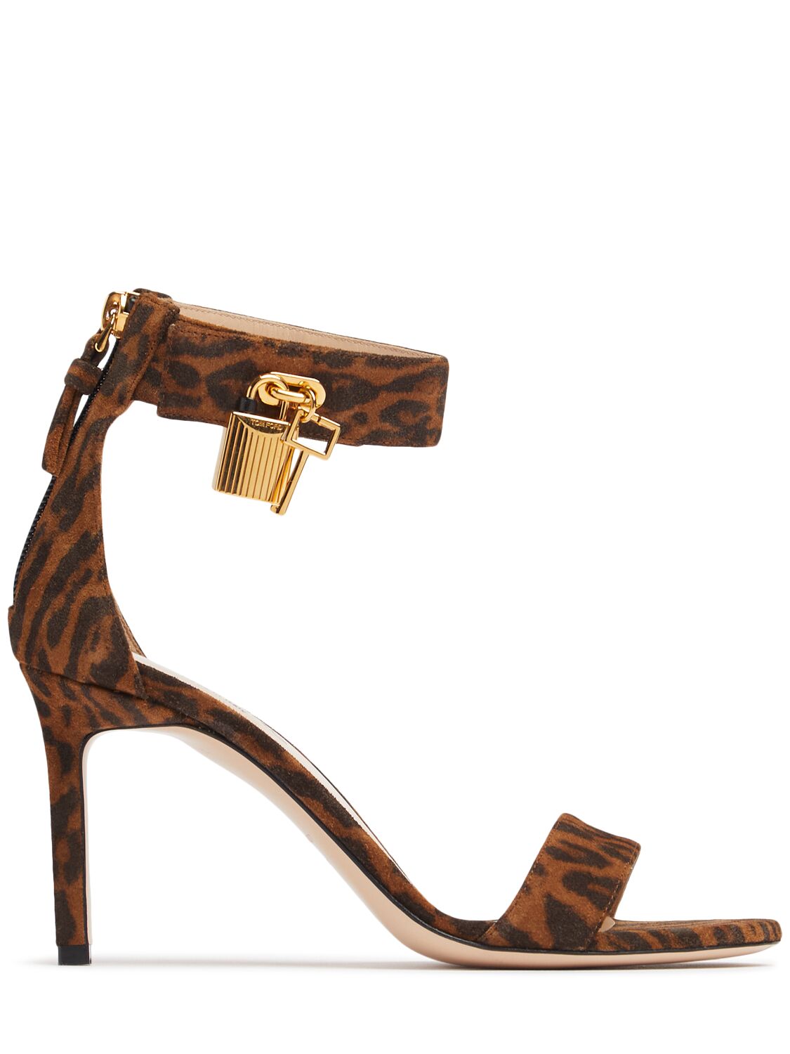 Tom Ford Brown Ocelot-print Suede Padlock Heeled Sandals In Brown