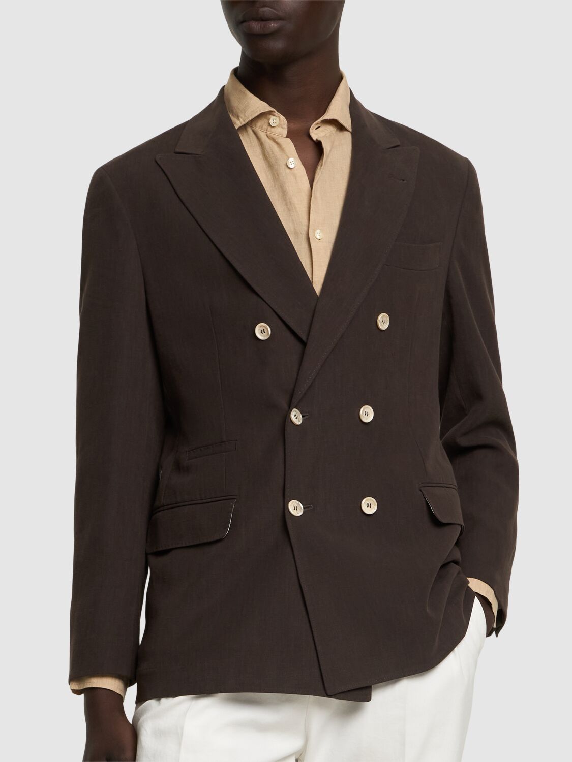 Brunello Cucinelli Double Breast Linen Blazer In Dark Brown