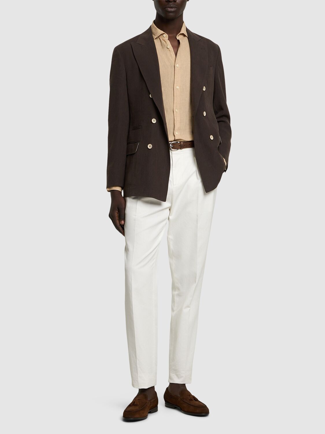 Brunello Cucinelli Double Breast Linen Blazer In Dark Brown