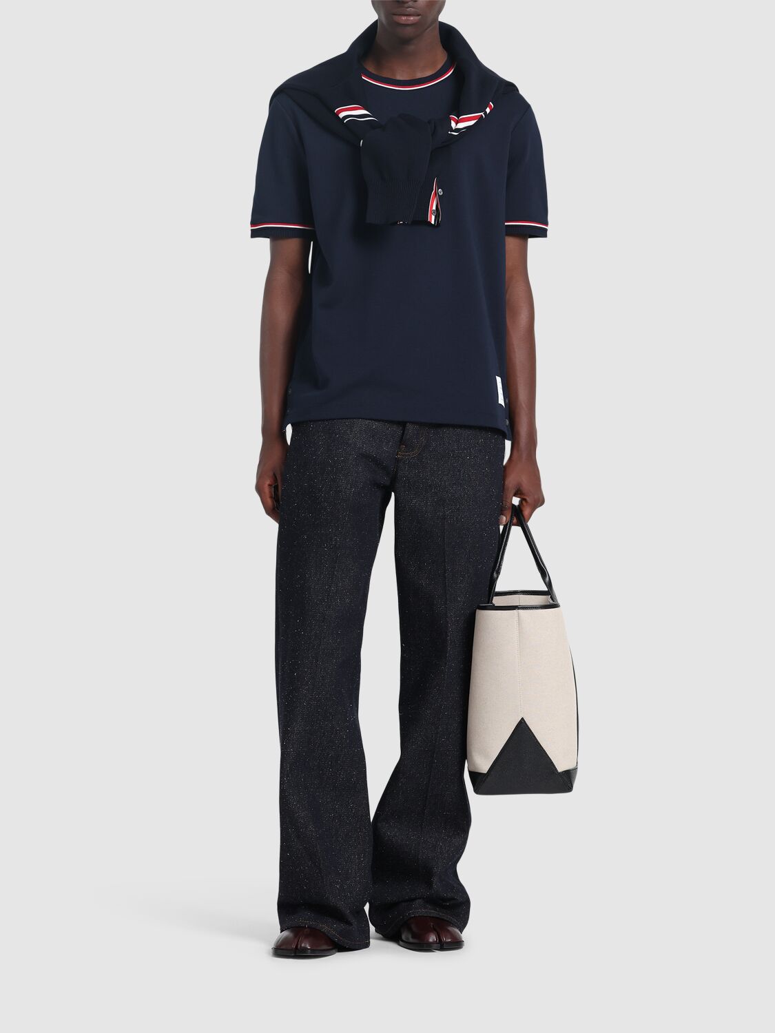 THOM BROWNE COTTON CREWNECK T-SHIRT W/RIBBED TRIM 
