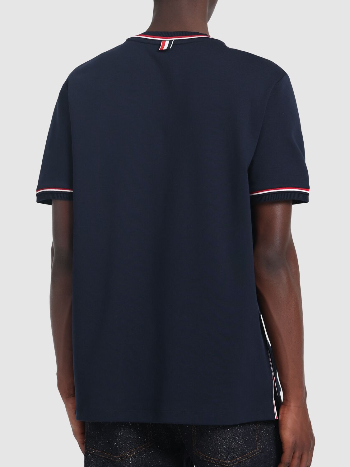 THOM BROWNE COTTON CREWNECK T-SHIRT W/RIBBED TRIM 