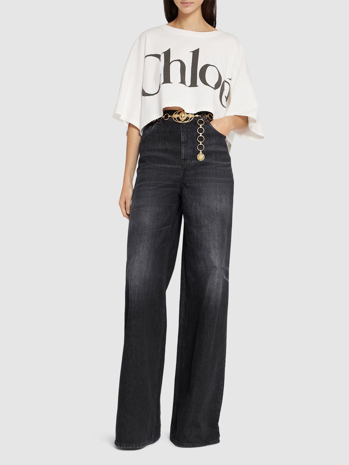 CHLOÉ COTTON DENIM HIGH RISE WIDE JEANS 