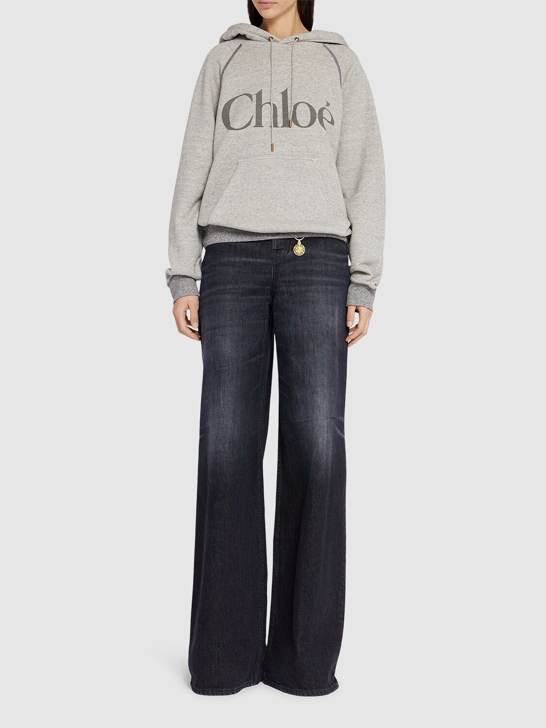 Chloé Hooded Cotton Blend Sweatshirt With Kangaroo Pocket In Gray