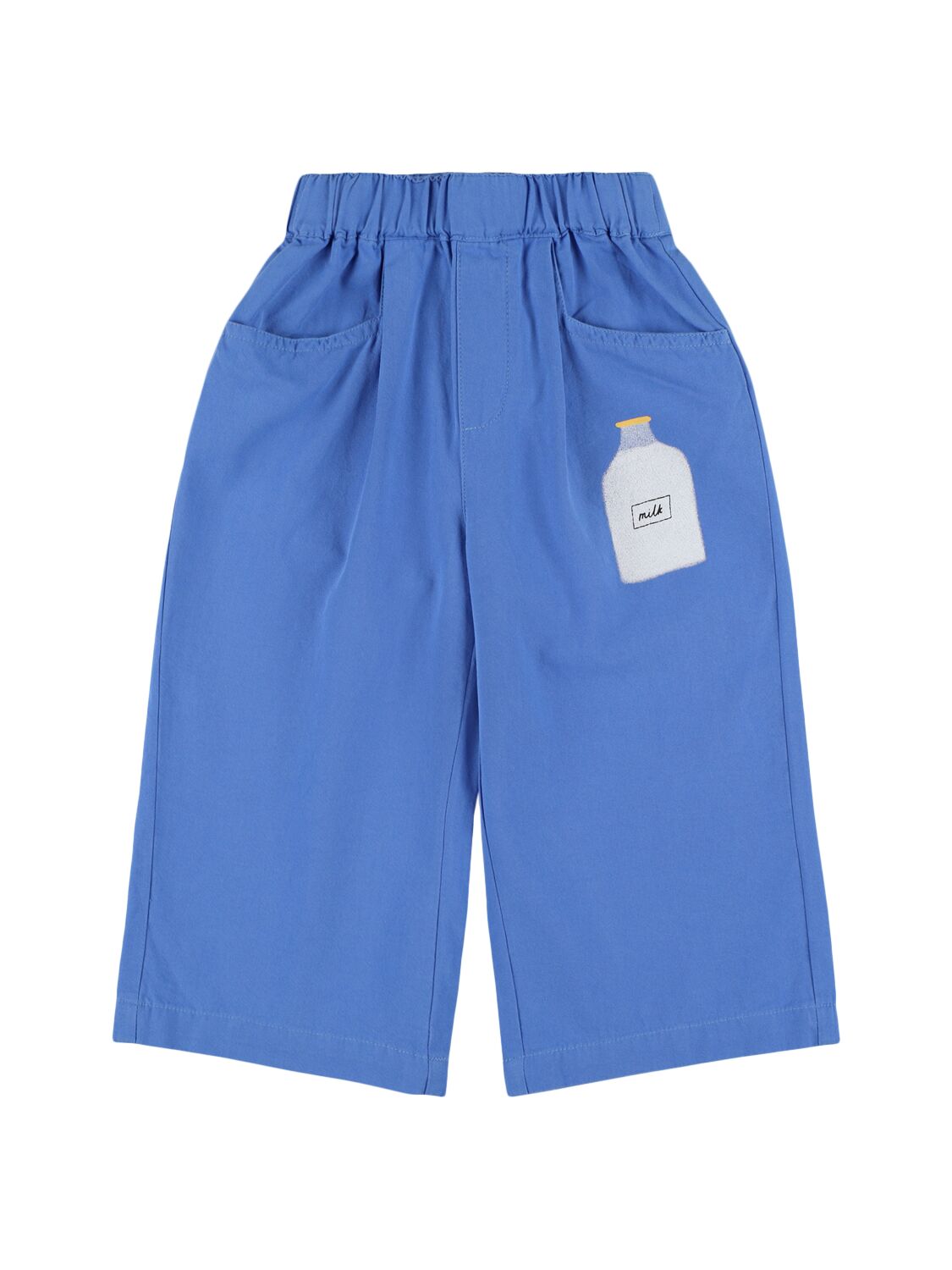 Jellymallow Milk Print Cotton Pants In Blue
