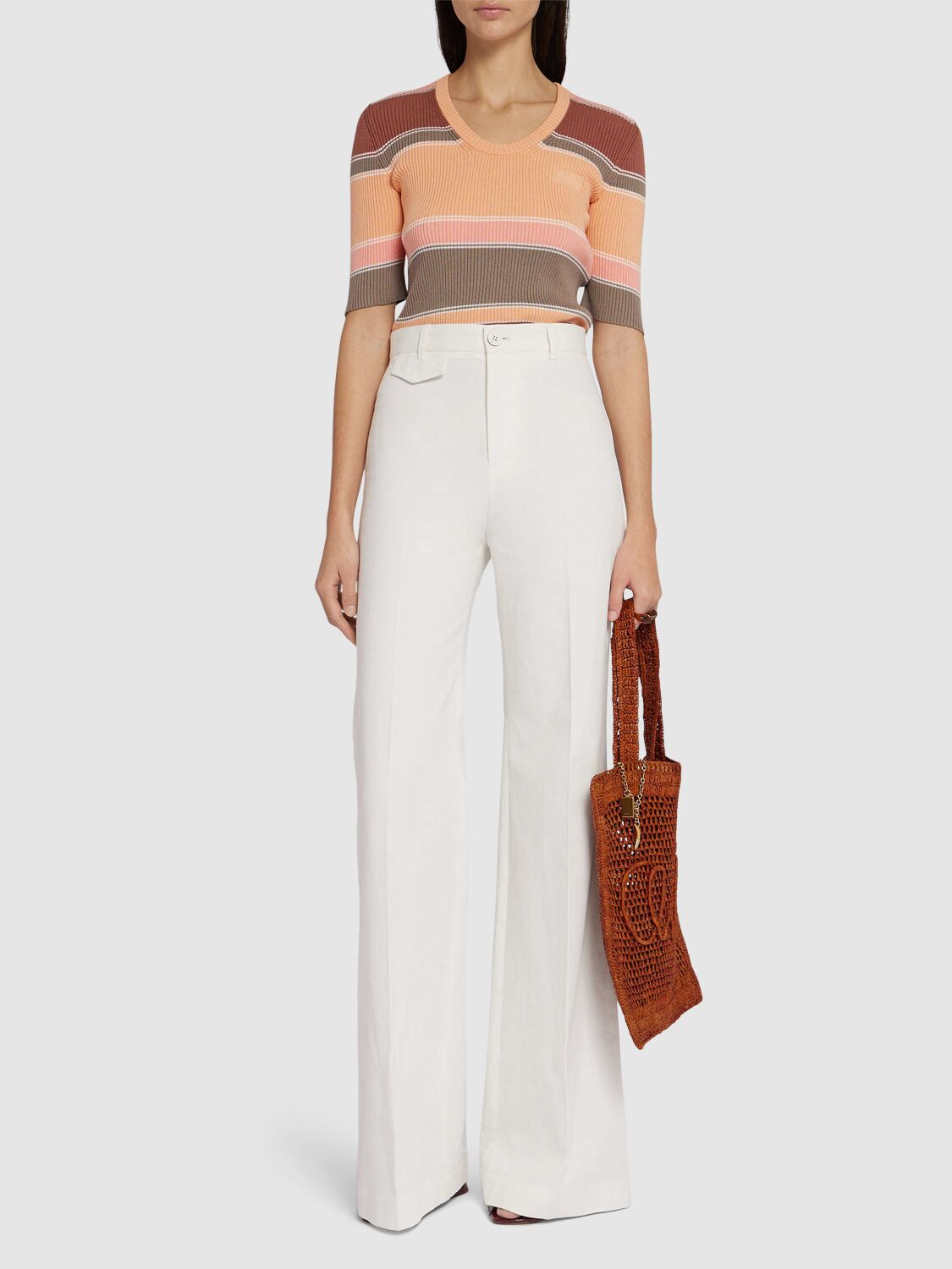 Chloé Striped Ribbed-knit Cotton Top In Neutral
