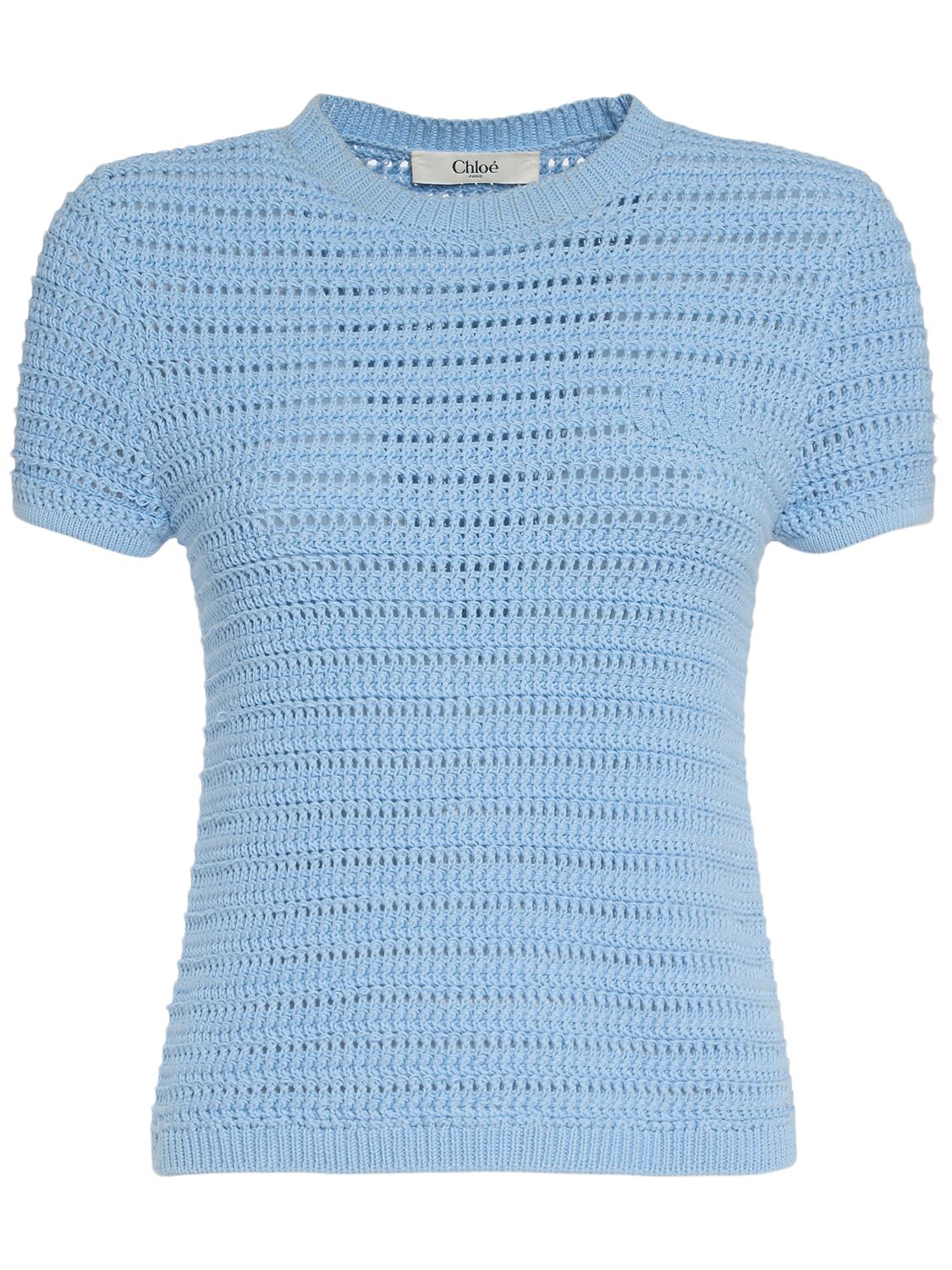 Chloé Embroidered Crocheted Cotton T-shirt In Blue