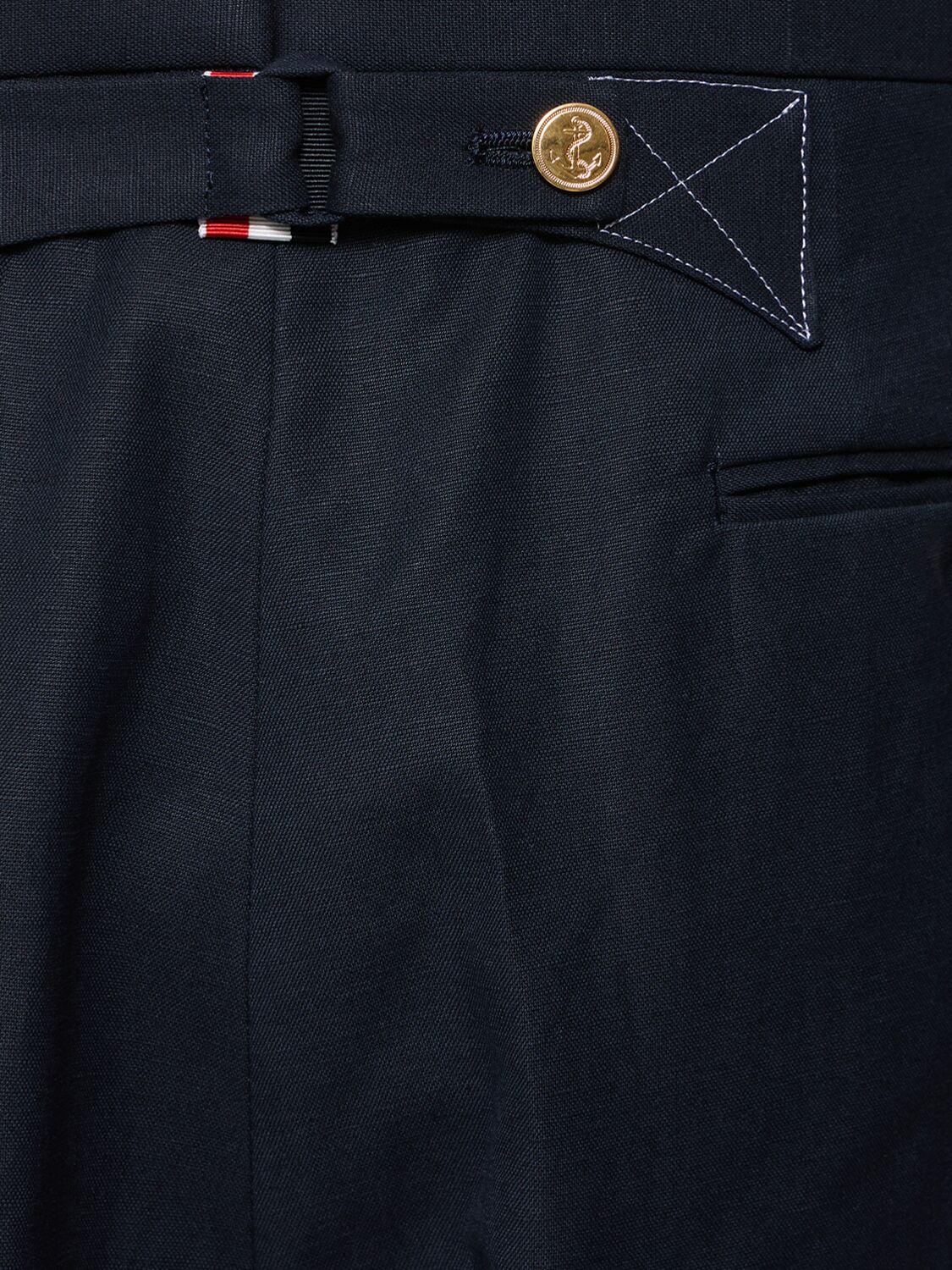 THOM BROWNE LOW RISE COTTON & LINEN BACKSTRAP PANTS 