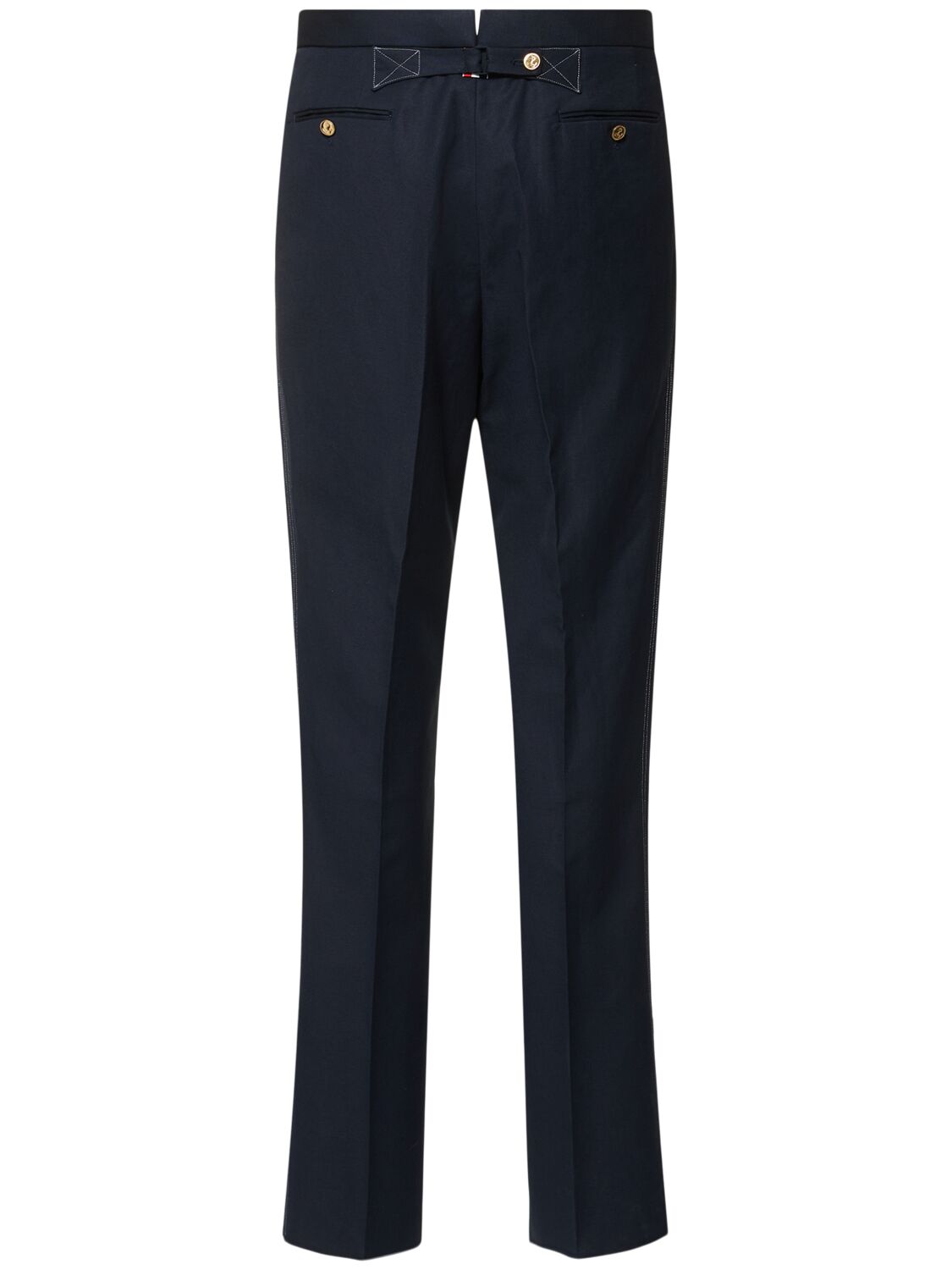 THOM BROWNE LOW RISE COTTON & LINEN BACKSTRAP PANTS 