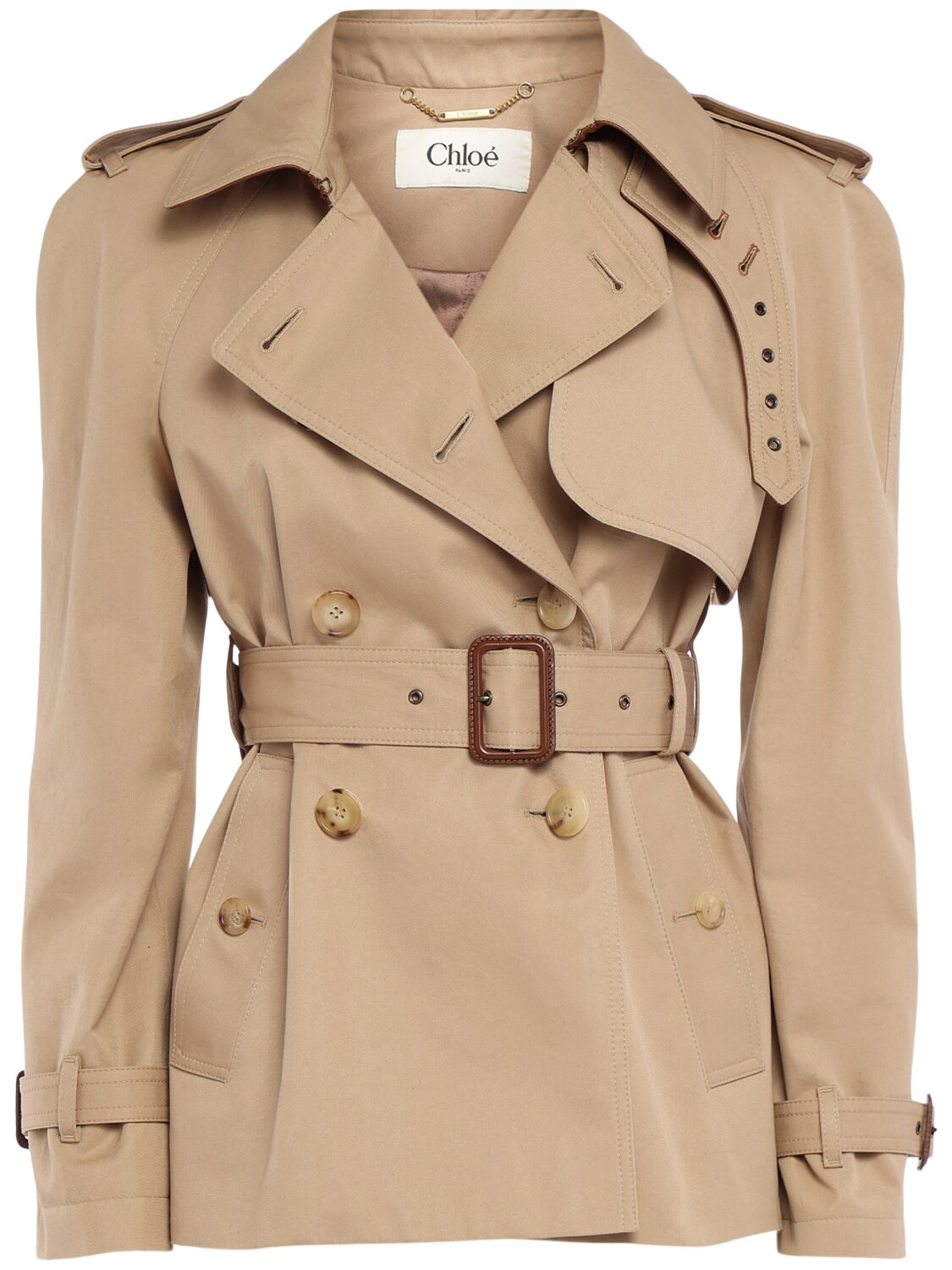 Chloé Leather-collar Double-breasted Short Trench Coat With Belt