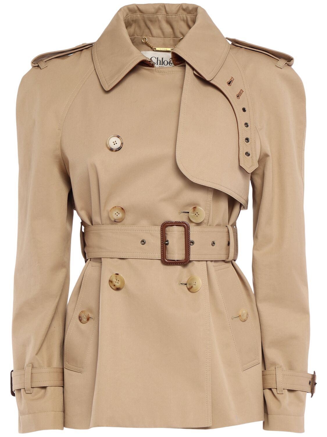 Chloé Leather-collar Double-breasted Short Trench Coat With Belt