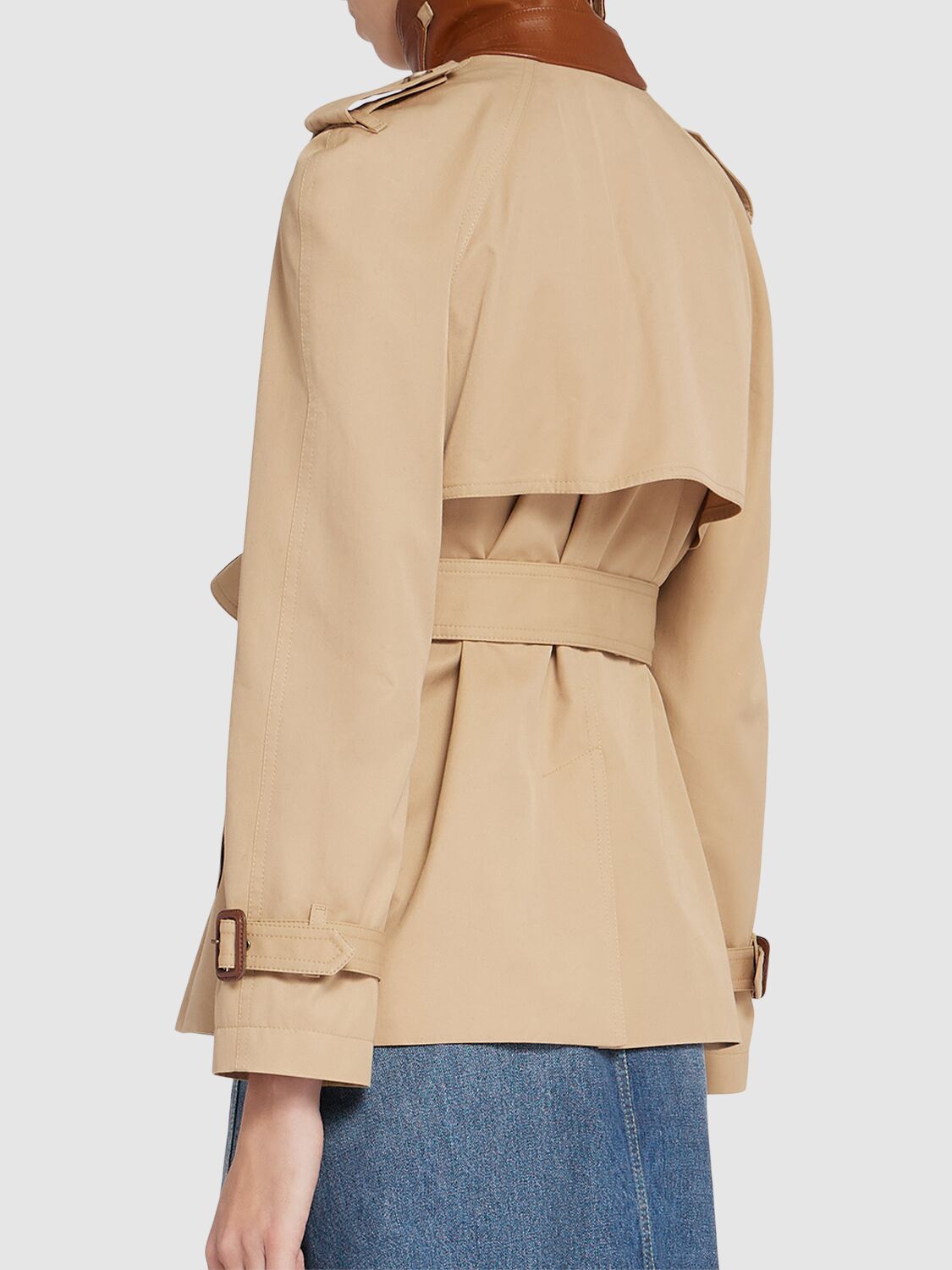 Chloé Leather-collar Double-breasted Short Trench Coat With Belt