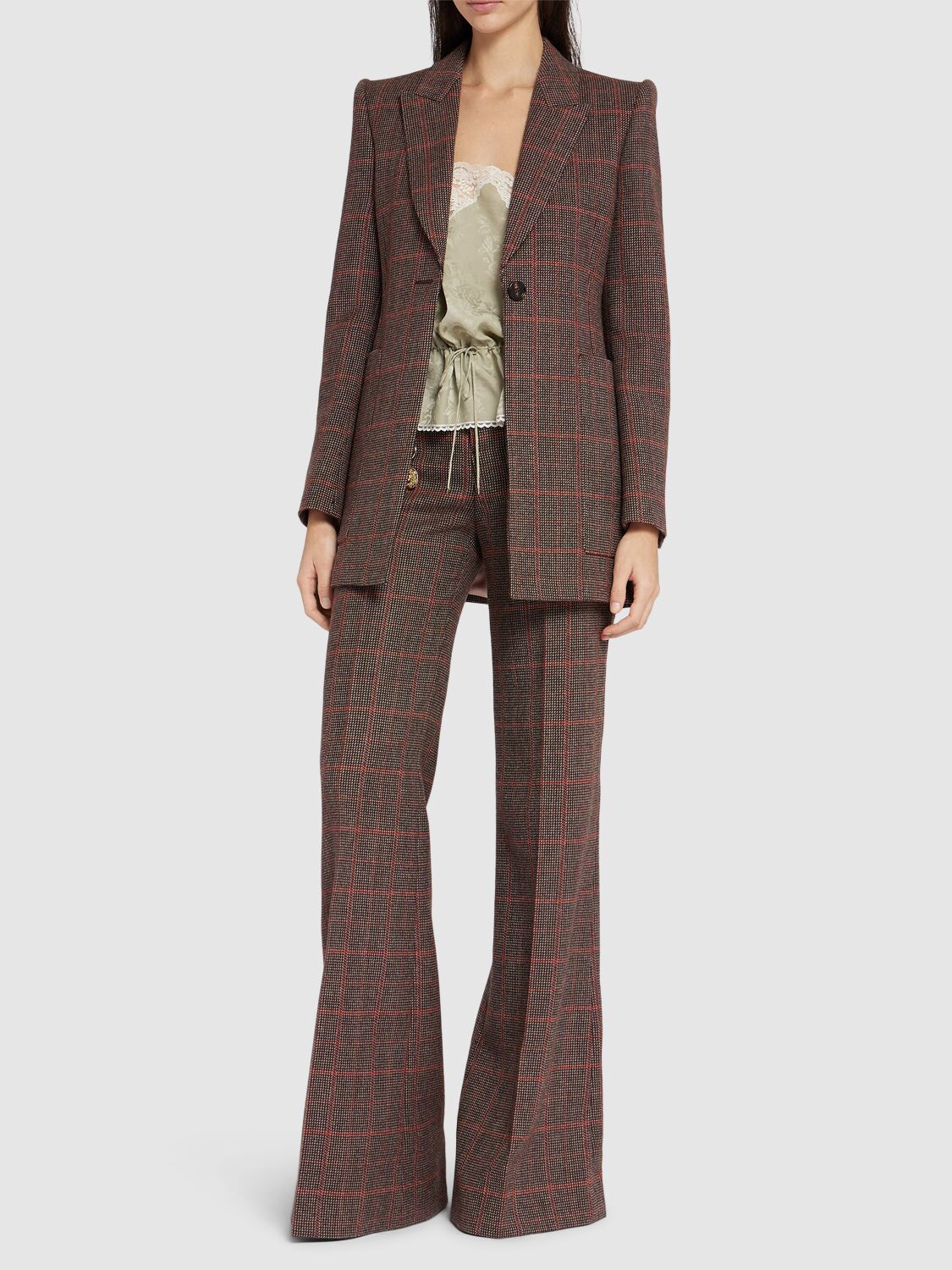 CHLOÉ CHECK WOOL FLARED PANTS 