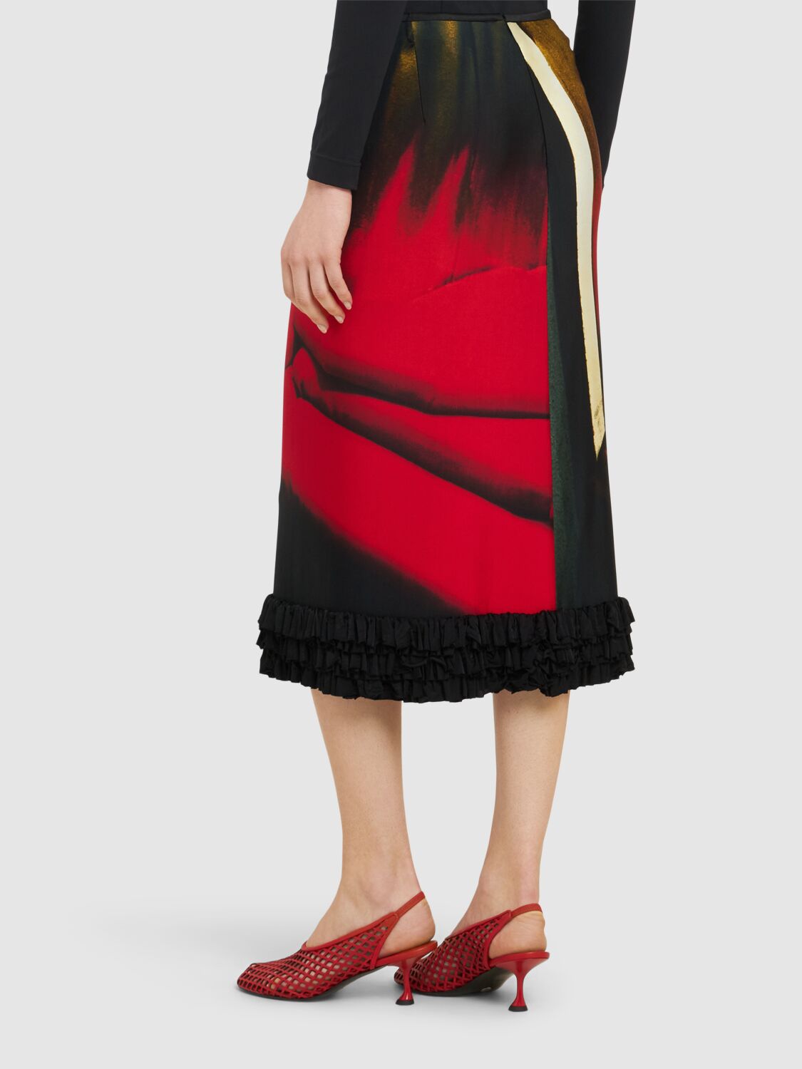 Jil Sander Abstract Straight Ruched Midi Skirt In Black/red