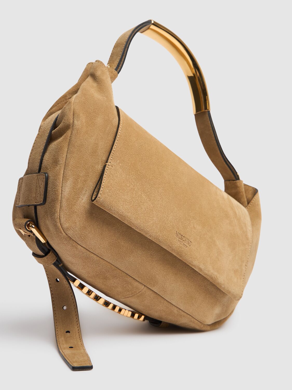 Shop Moschino Handle Me Suede Shoulder Bag In Beige