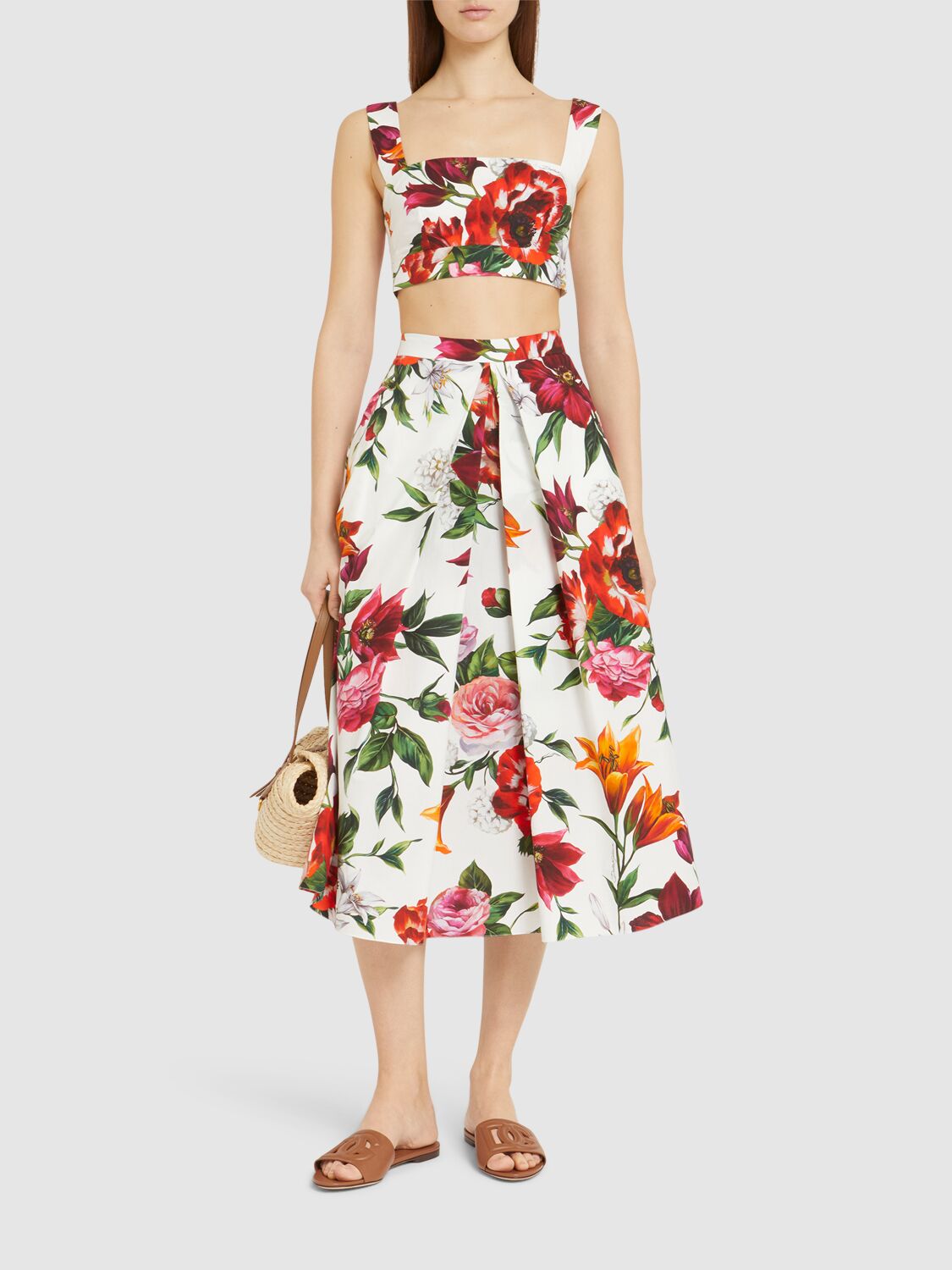 Dolce & Gabbana Multicolor Croped Top With Square Neck And All-over Floral Design In Cotton Woman