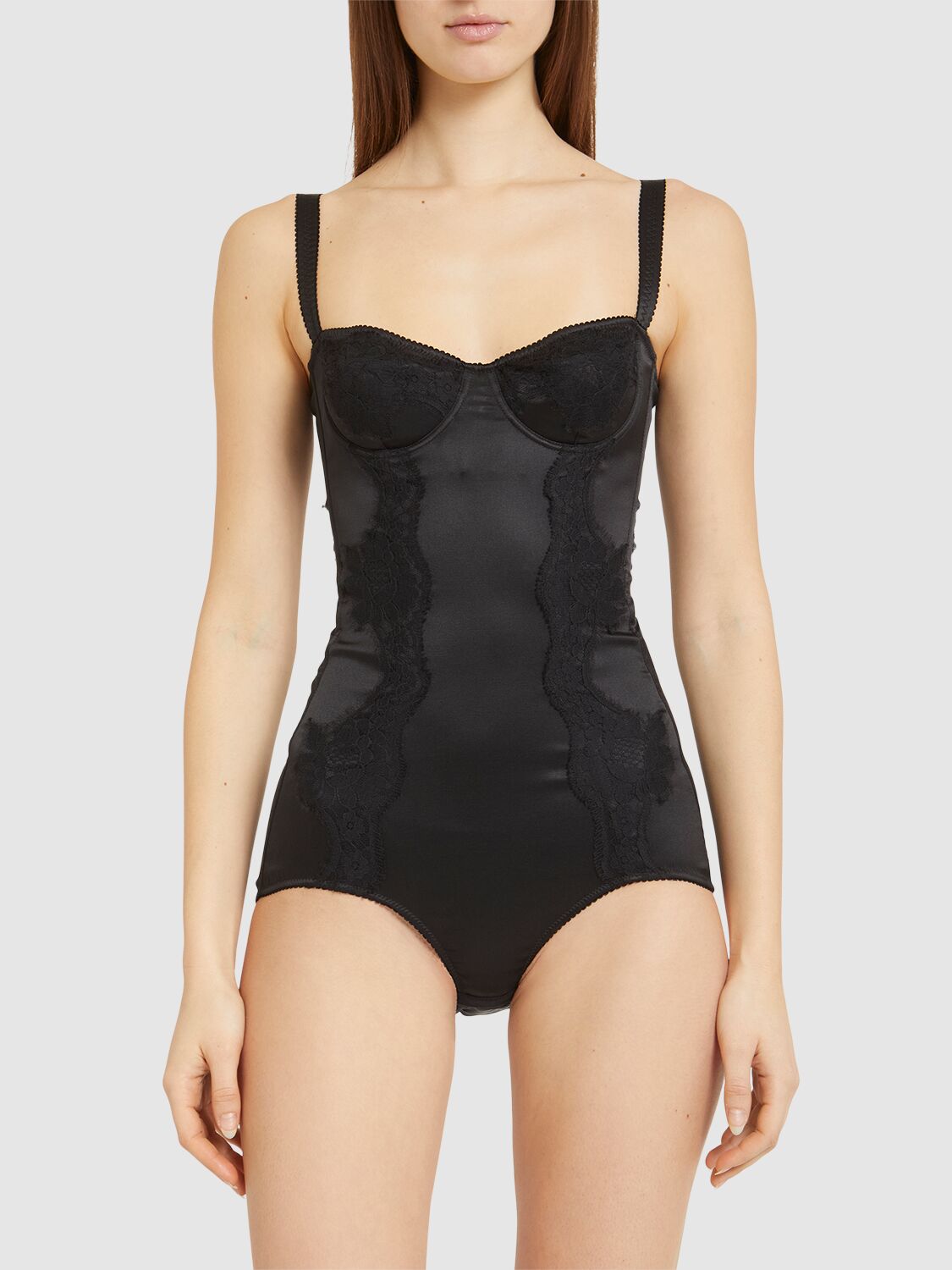 Dolce & Gabbana Lace-trimmed Silk-blend Satin Bodysuit In Black