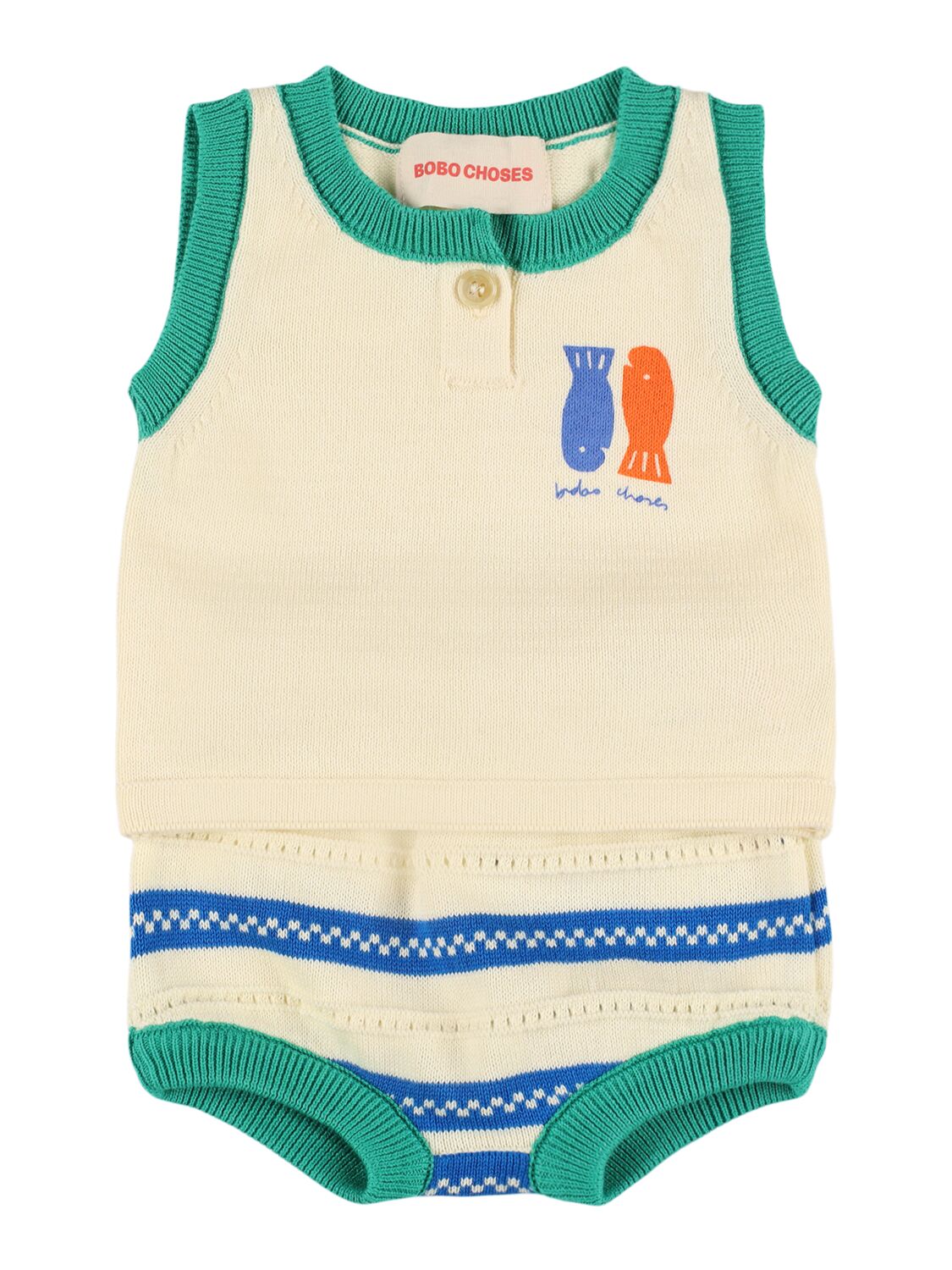 Bobo Choses Cotton Knit Tank Top & Shorts In White/green