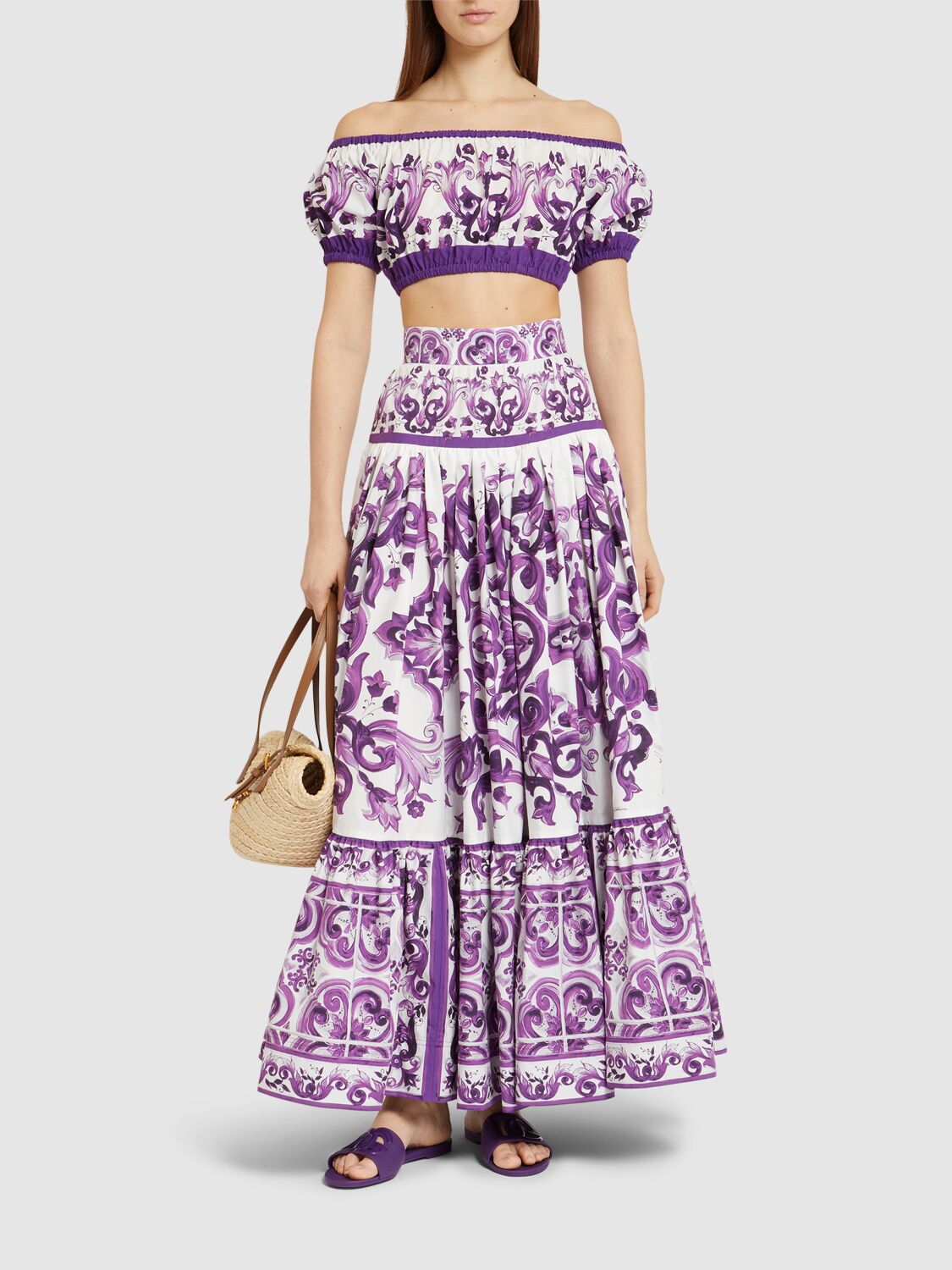 Dolce & Gabbana Maiolica Printed Cotton Cropped Top In Multi