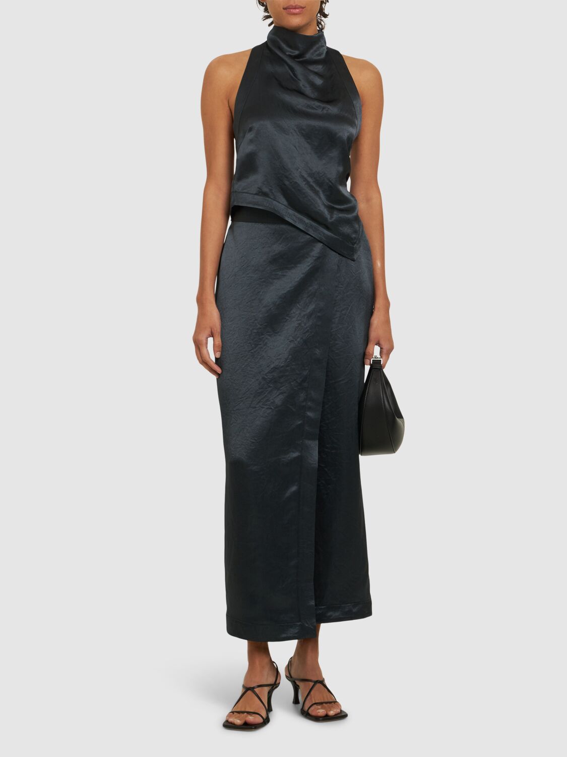 Nanushka Inara Crinkled Satin Halter Top In Dark Grey