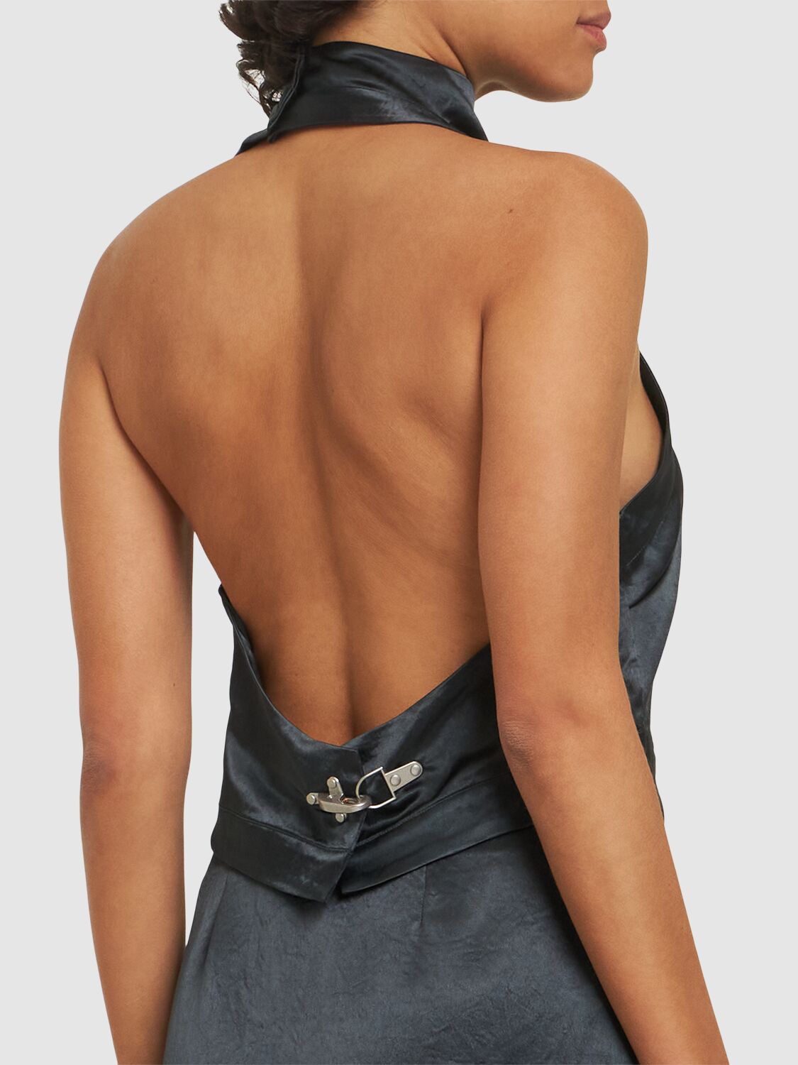 Nanushka Inara Crinkled Satin Halter Top In Dark Grey
