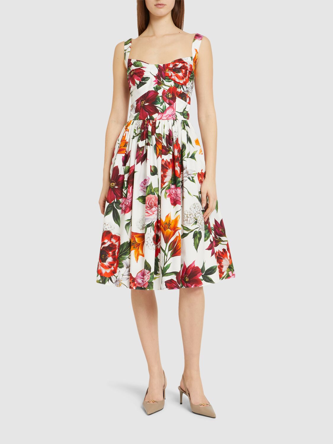 Dolce & Gabbana Women Midi Dress With Red Roses On A White Background In Multi