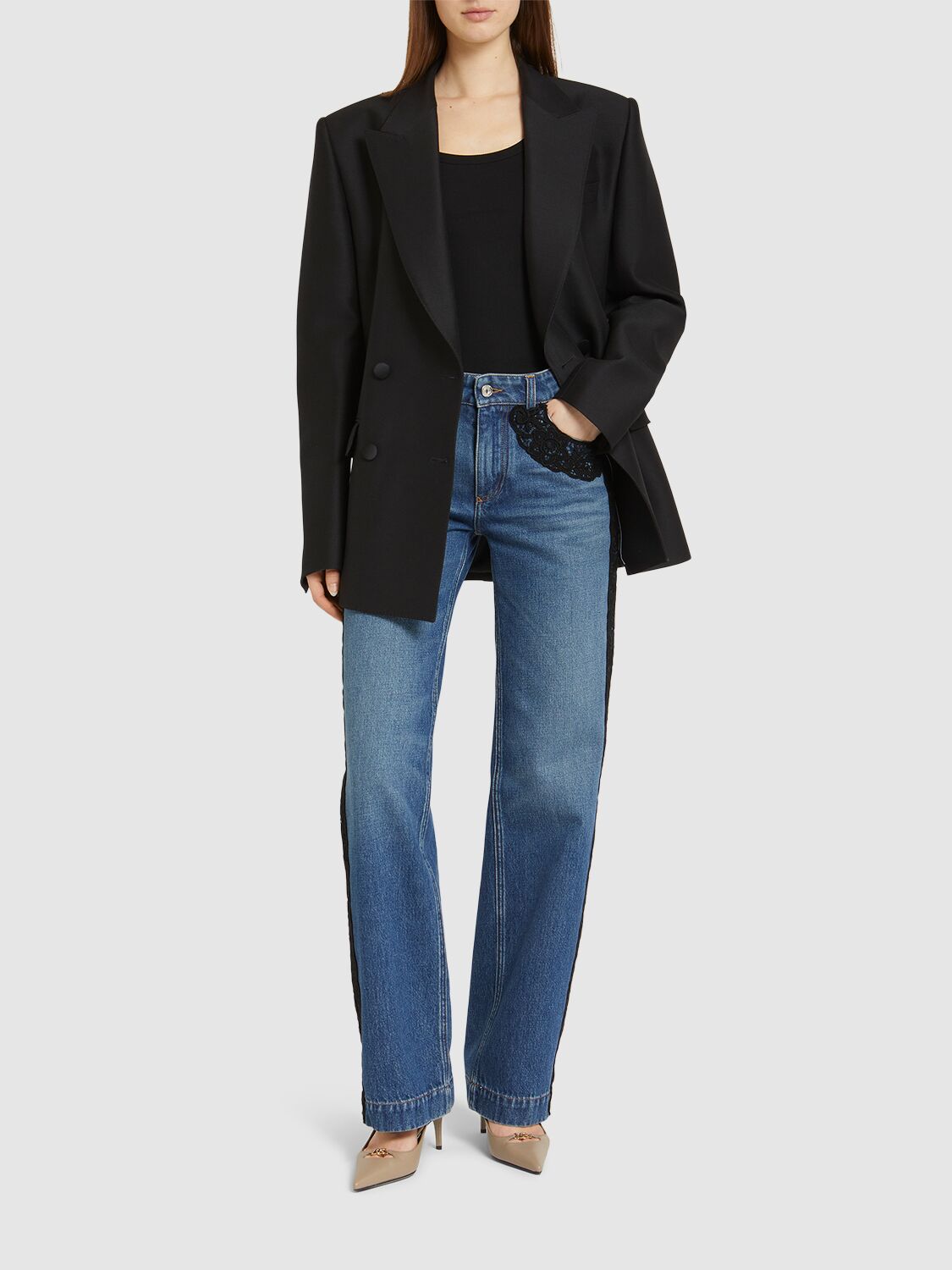 Dolce & Gabbana High Rise Cotton Jeans W/lace Details In Blue