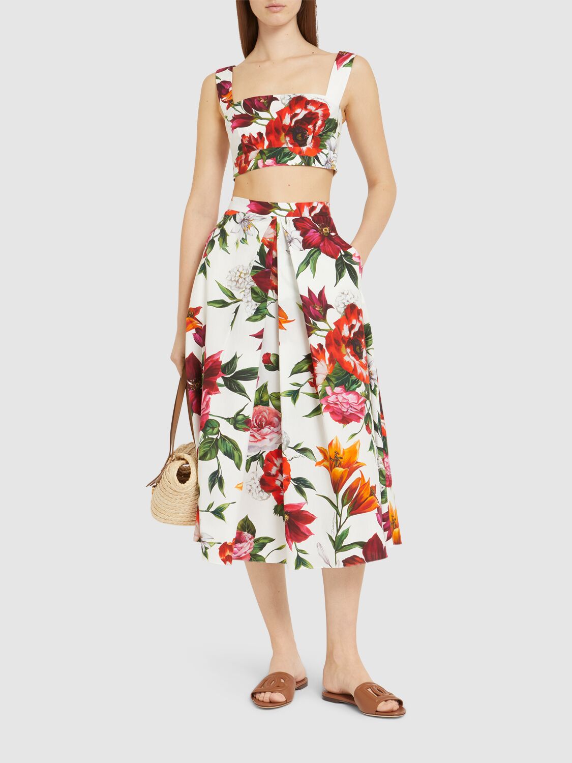 Dolce & Gabbana Multicolor Midi Skirt With All-over Floral Print And Rear Zip Closure In Cotton Woman